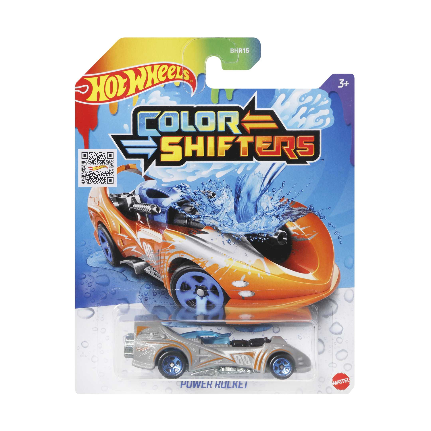 Zabawkowy samochód Hot Wheels Color Shifters Power Rocket na blistrze. Samochód jest srebrny i pomarańczowy, z niebieskimi kołami. Opakowanie jest niebieskie.