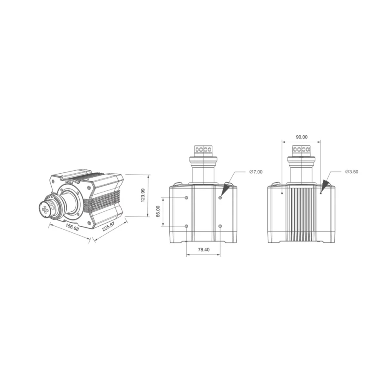 Dessin technique d'un appareil avec dimensions en mm. Il montre des vues avant, latérales et supérieures, détaillant les composants.
