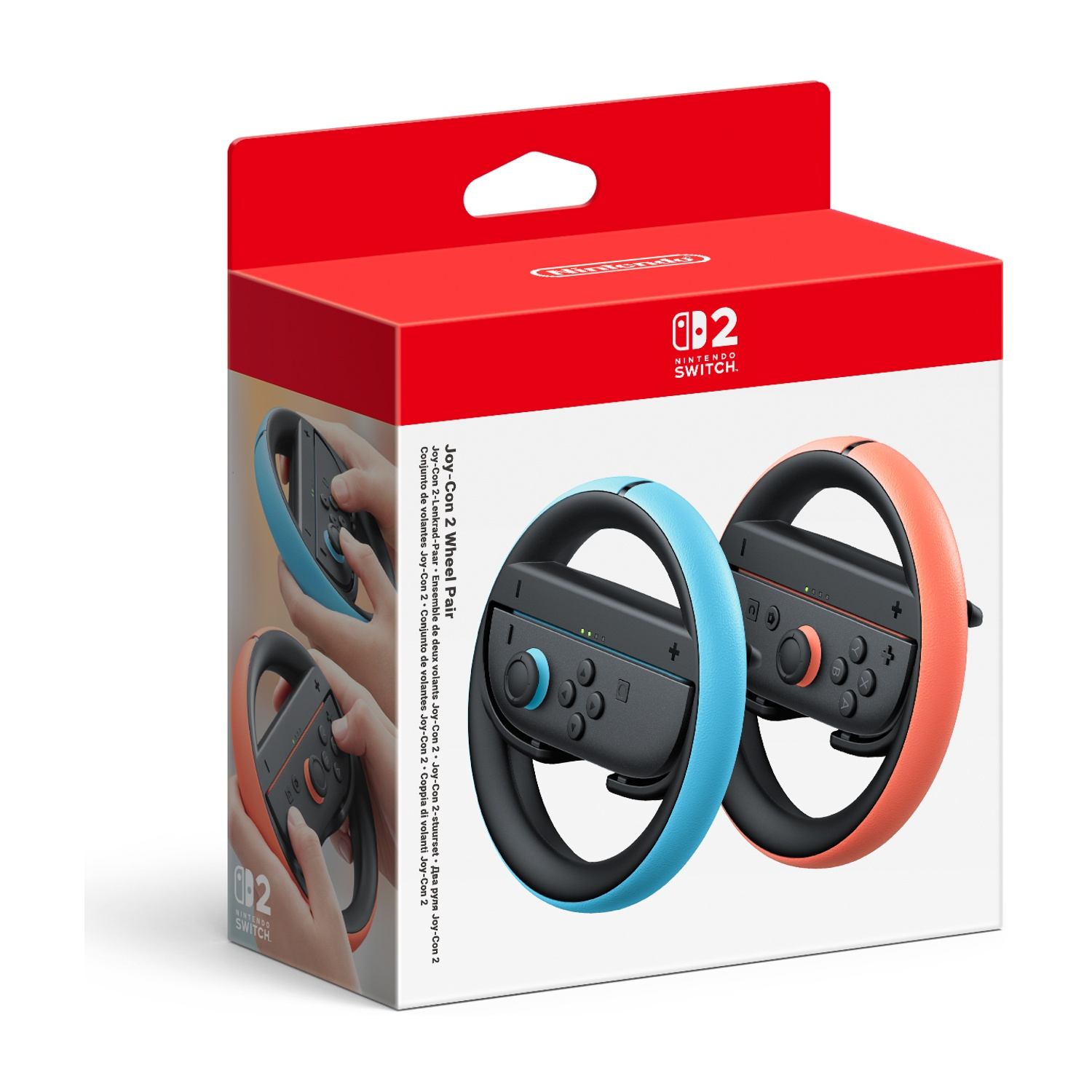 Eine Schachtel mit Nintendo Switch Joy-Con 2 Wheel Pair in Rot und Weiß. Zwei Räder sind sichtbar, eines blau und eines orange.