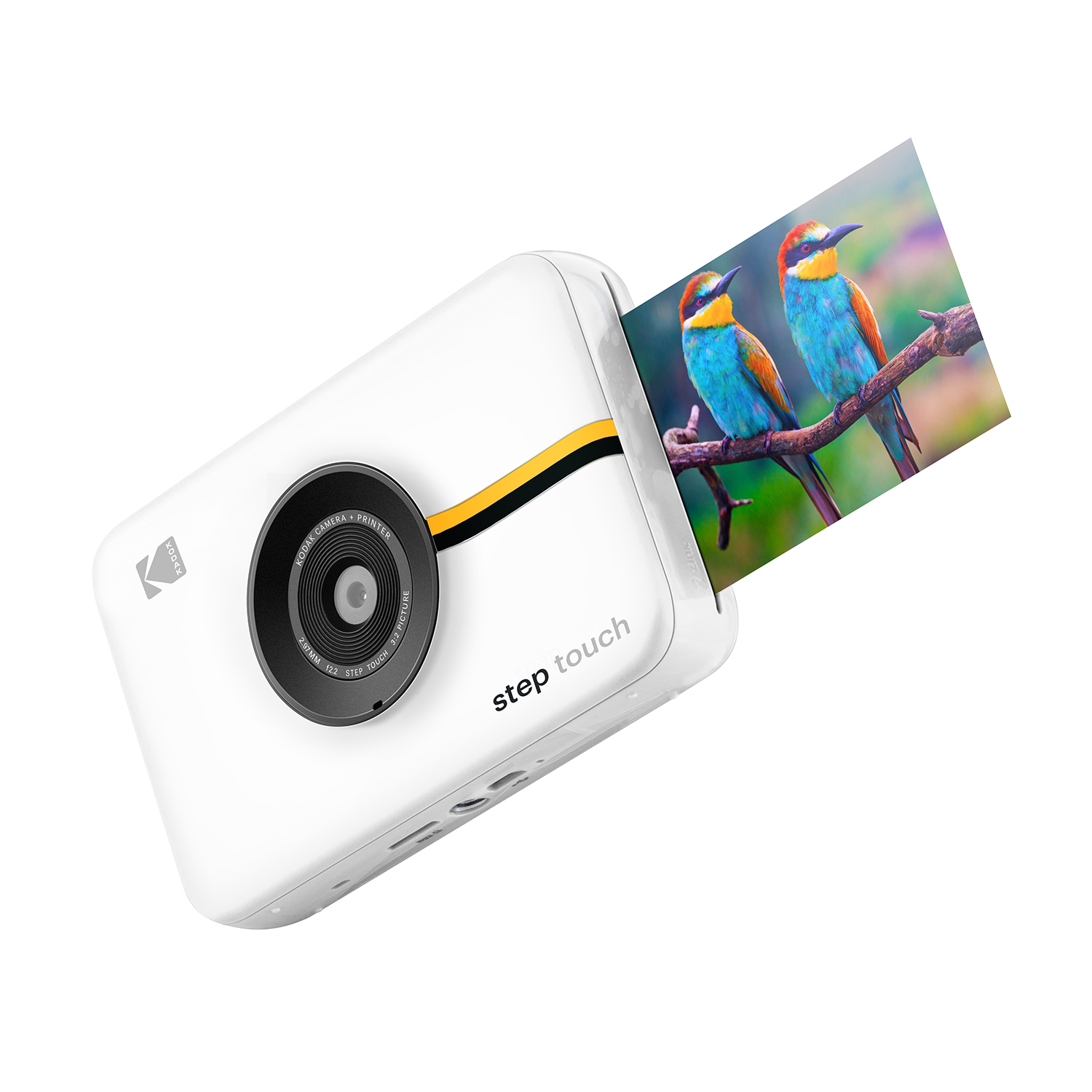 Eine weiße Kodak Step Touch Kamera druckt ein Foto von zwei bunten Vögeln auf einem Ast. Die Kamera hat ein schwarzes Objektiv.