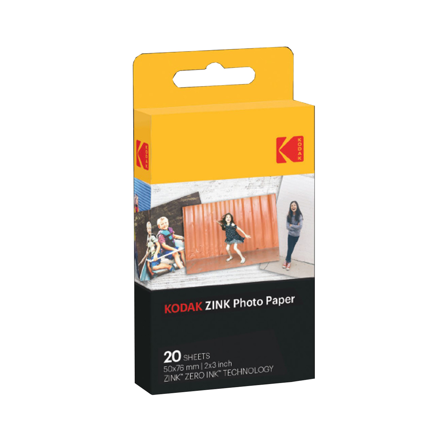 Pudełko papieru fotograficznego Kodak ZINK. Żółta góra, zdjęcia ludzi, czarny dół ze szczegółami produktu.