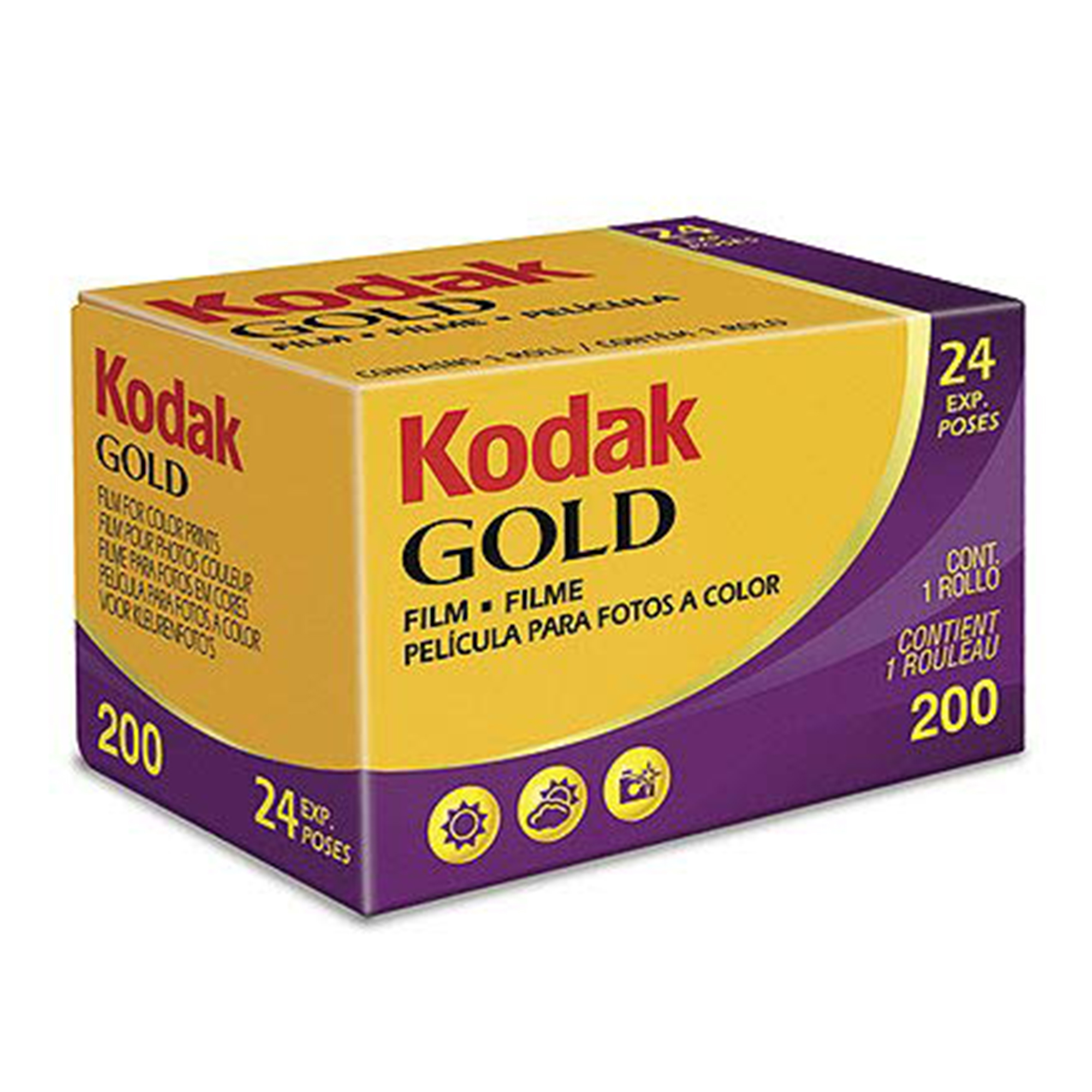 Eine Kodak Gold Filmbox. Sie ist gelb und lila und hat Text in mehreren Sprachen. Sie zeigt 24 Aufnahmen und eine Filmempfindlichkeit von 200.