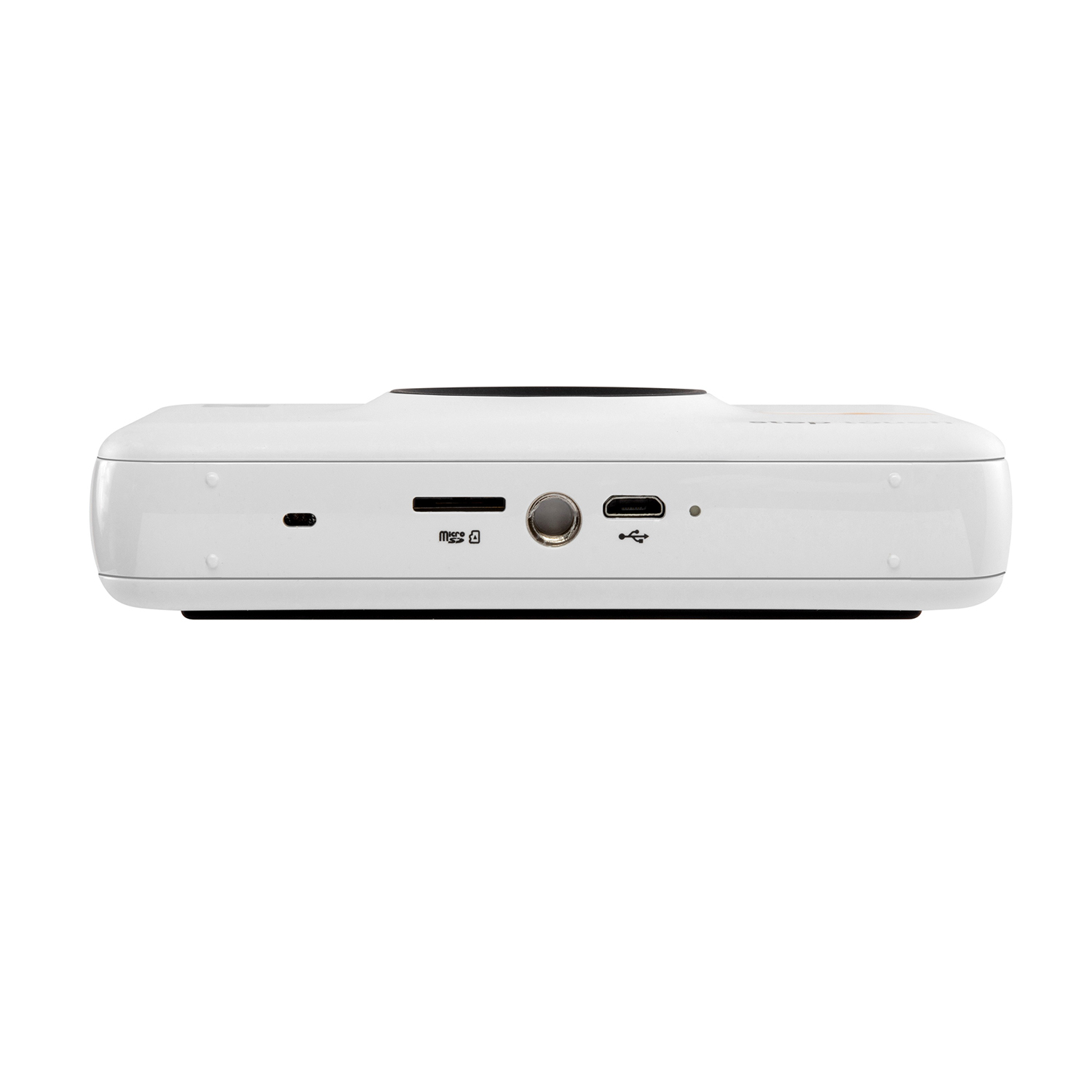Ein weißes Gerät mit schwarzer Oberseite. Es hat verschiedene Anschlüsse, darunter einen Micro-SD-Kartensteckplatz und einen USB-Anschluss.