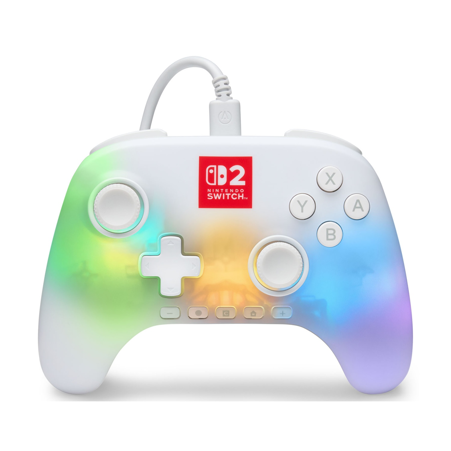 Controlador Nintendo Switch blanco con degradado arcoíris. Tiene botones, joysticks y un logotipo de Nintendo Switch. Cable blanco adjunto.