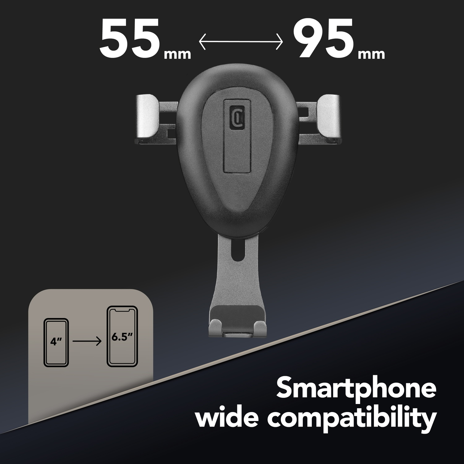 Schwarzer und silberner Autotelefonhalter. Abmessungen: 55-95 mm breit. Kompatibel mit 4-6,5 Zoll Telefonen. Text: Smartphone-Kompatibilität.