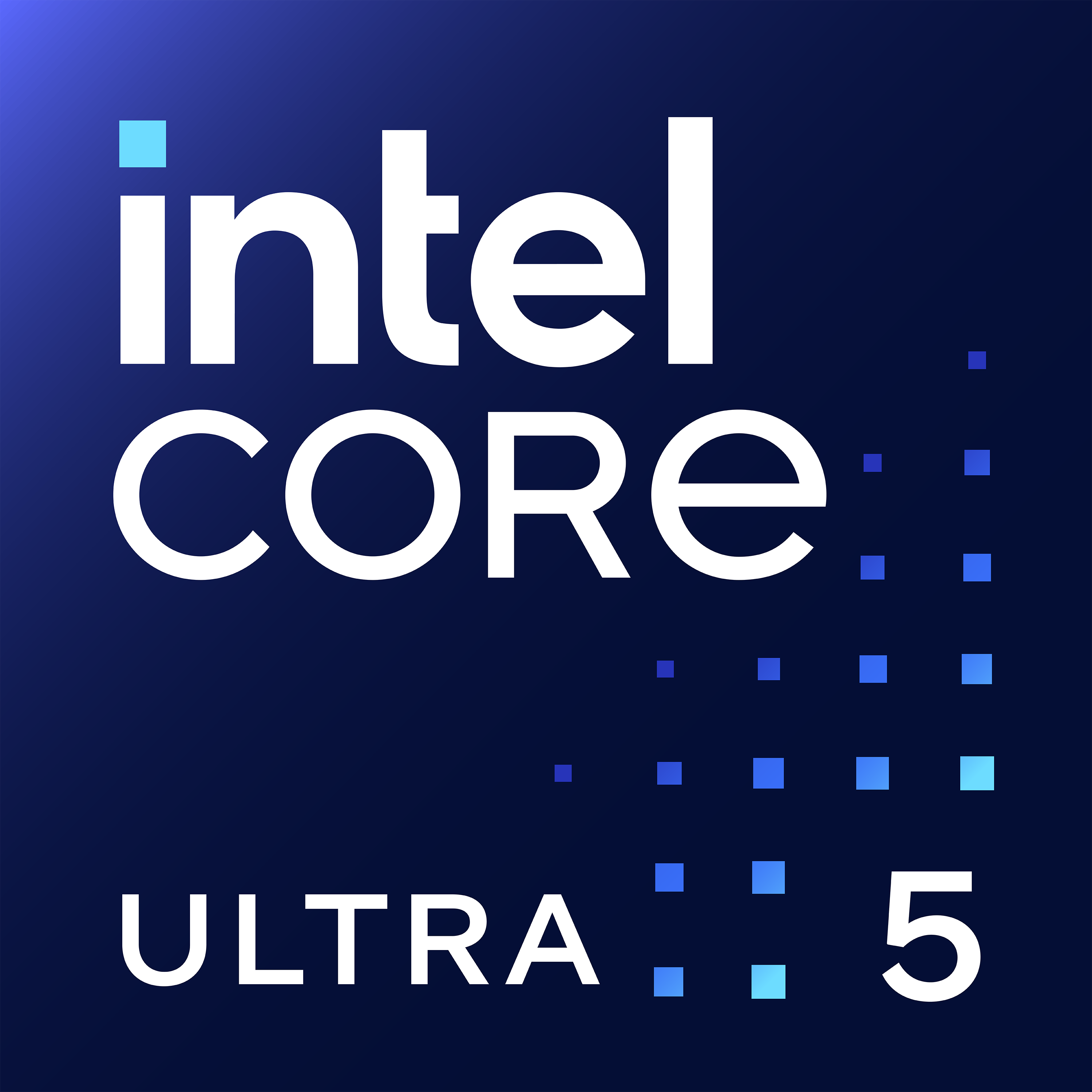 Logo Intel Core Ultra 5 su sfondo blu sfumato, testo bianco e quadrati blu.