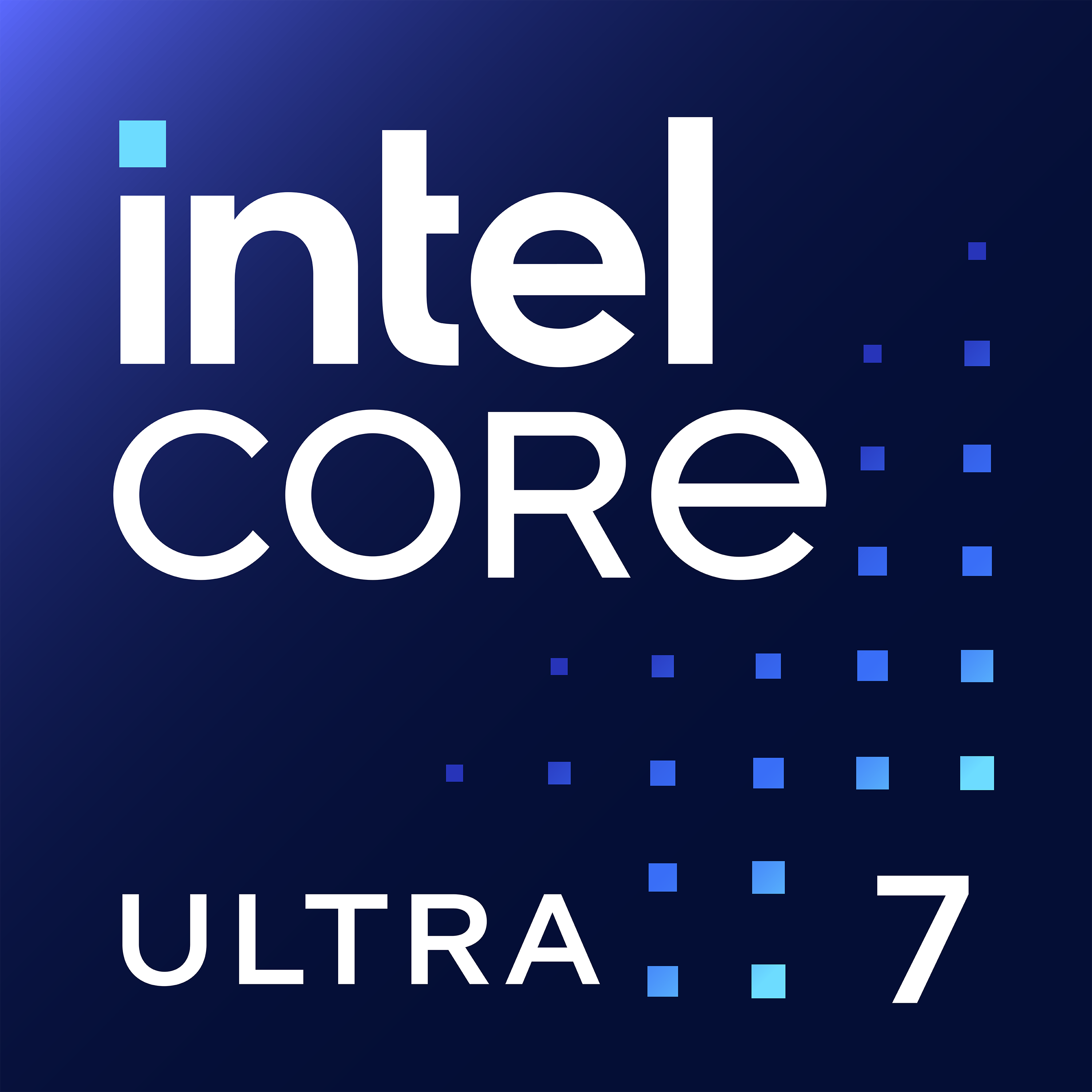 Logo Intel Core Ultra 7. Testo bianco su sfondo sfumato blu scuro. Piccoli quadrati blu accentuano il testo.