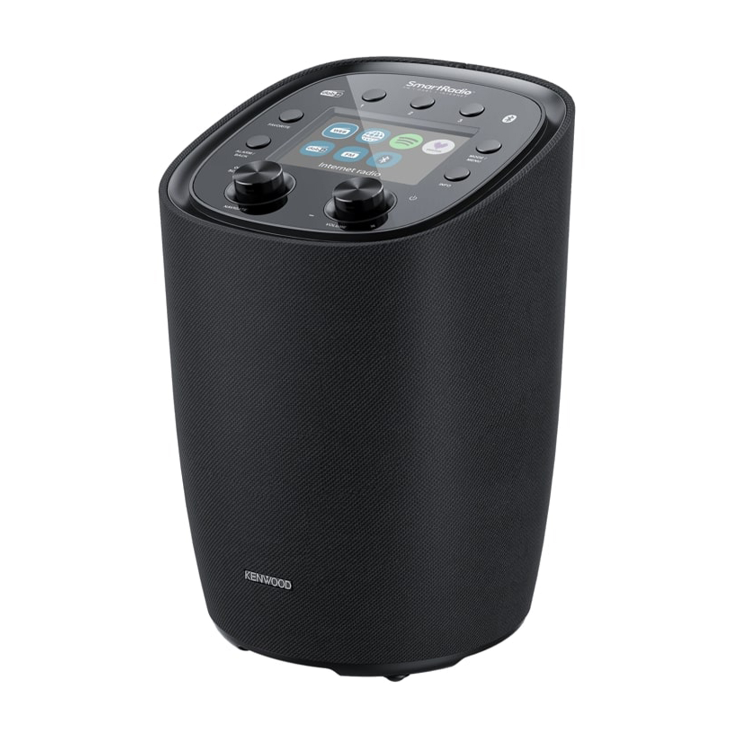 Ein schwarzes Kenwood SmartRadio steht auf weißem Hintergrund. Es hat einen Bildschirm, Knöpfe und Regler. Das Radio ist zylindrisch mit strukturierter Oberfläche.