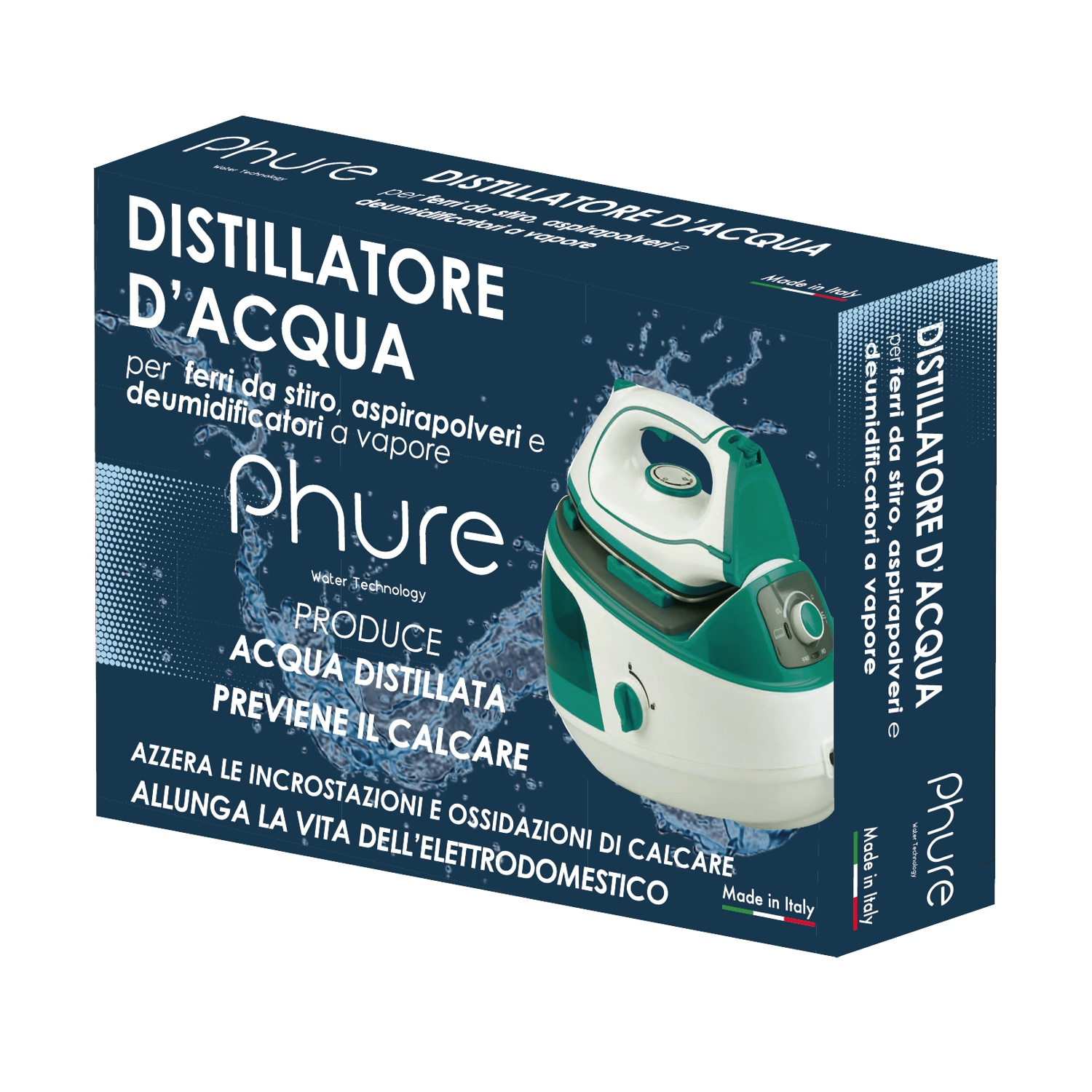 Una scatola con un distillatore d'acqua. Presenta un ferro da stiro verde e bianco sul lato. Il testo in italiano ne evidenzia le funzioni.