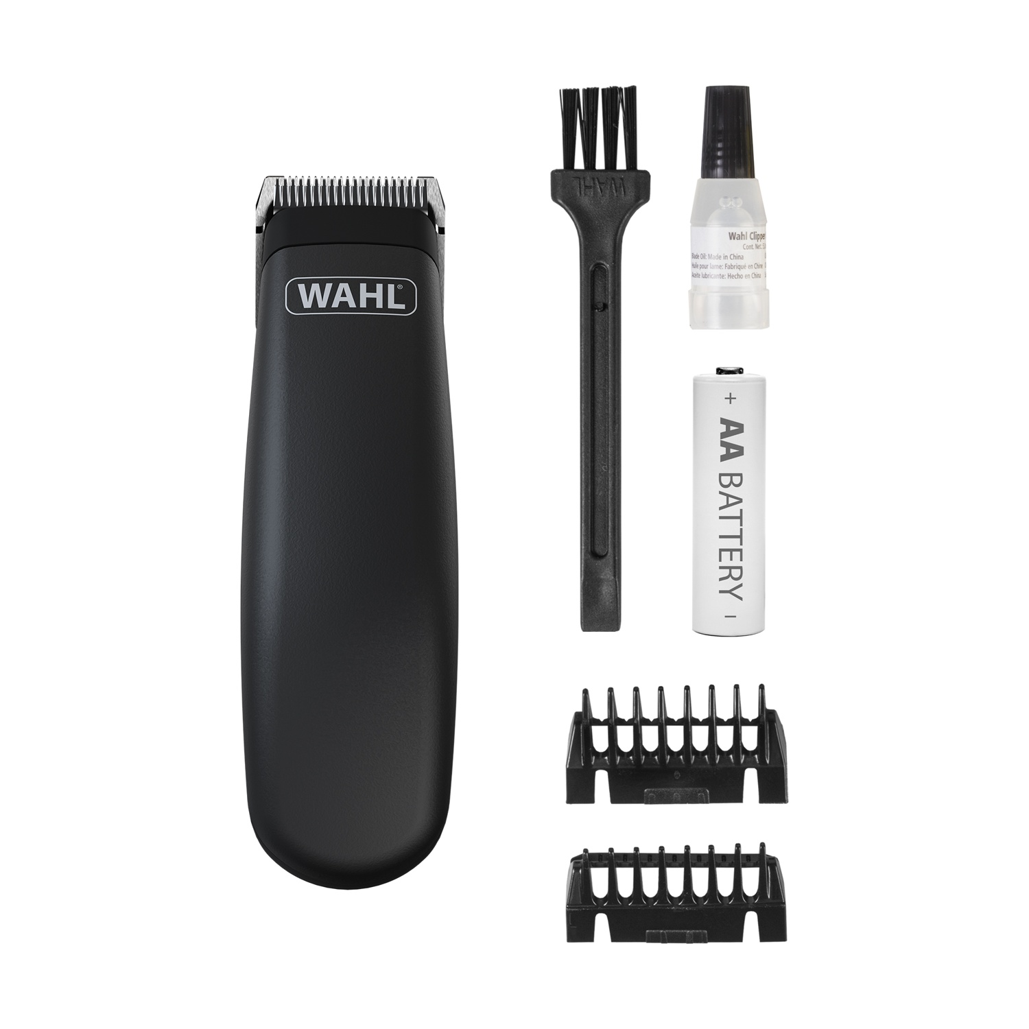 Sono mostrati un tagliacapelli Wahl nero e accessori. Il set include tagliacapelli, olio, batteria, spazzola per la pulizia e due pettini.