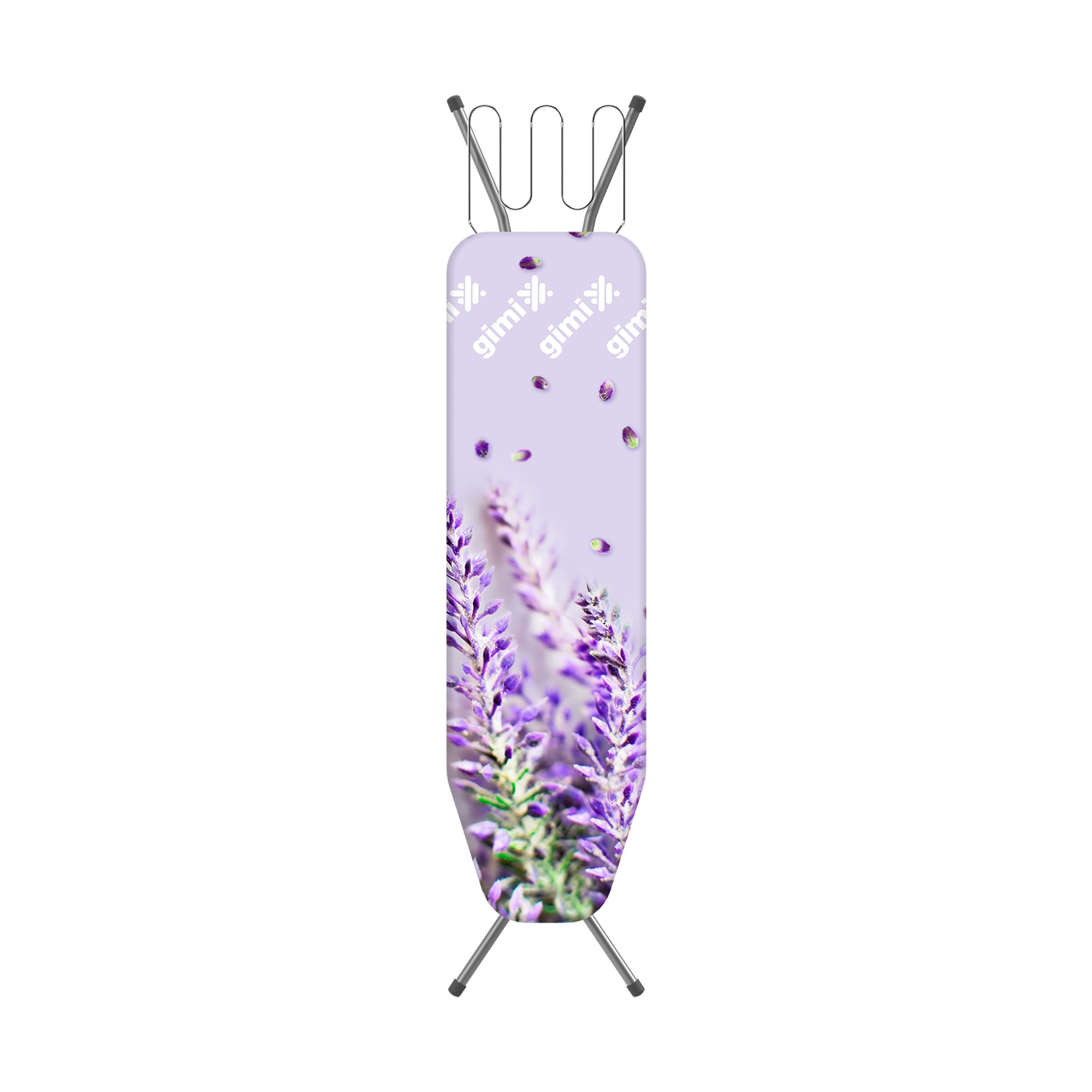 Un asse da stiro con design lavanda. Ha un tessuto color lavanda con fiori di lavanda. Il telaio è argentato.
