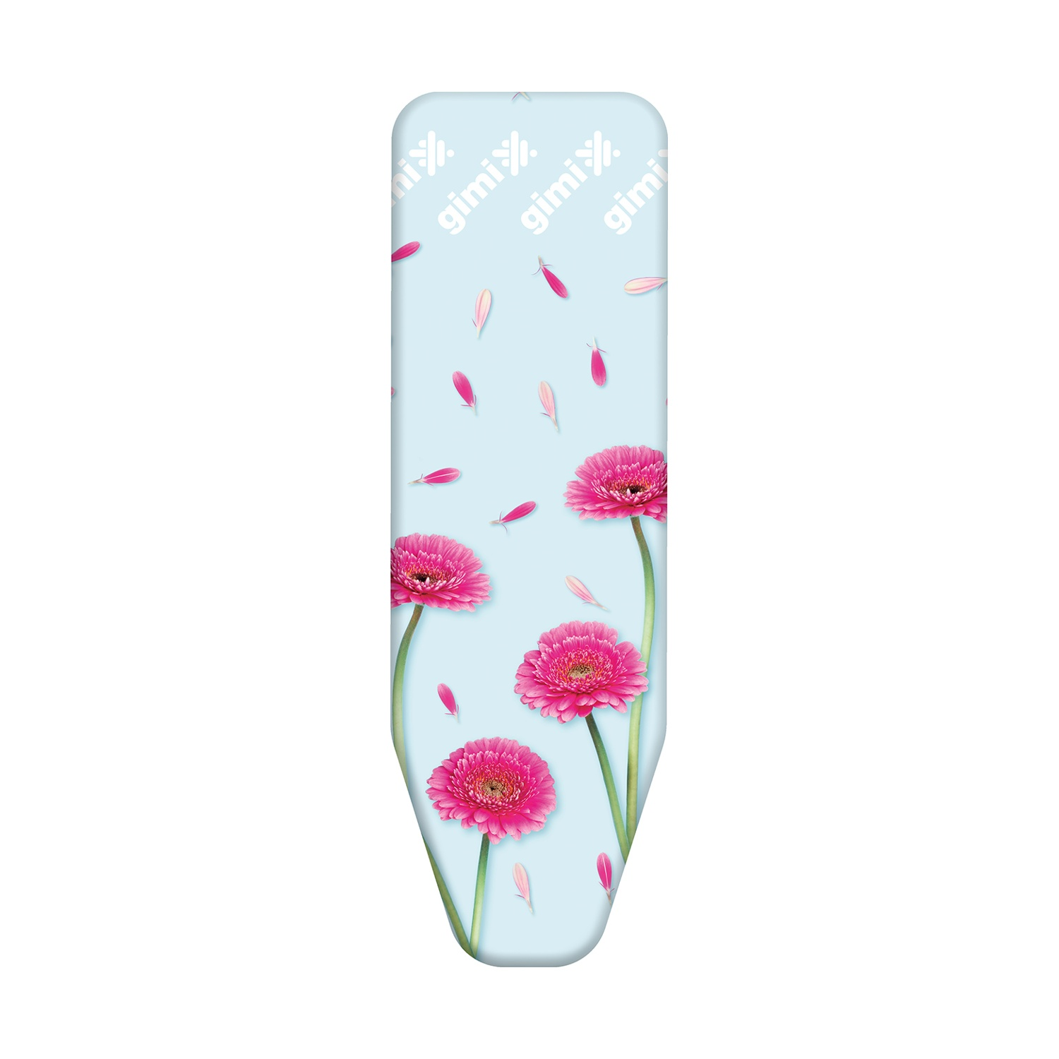 Una fodera per asse da stiro azzurra con margherite gerbera rosa e petali rosa e bianchi sparsi.
