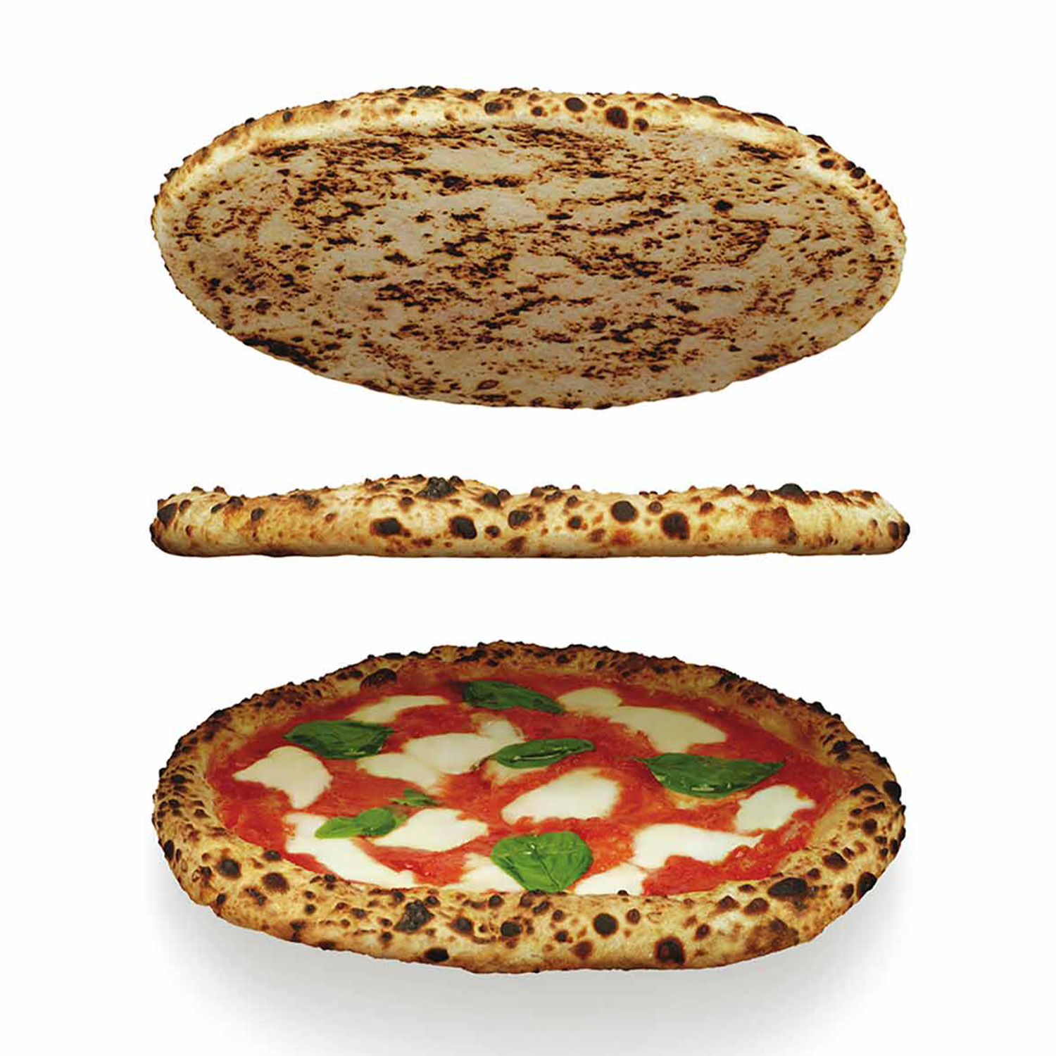 Vengono mostrate tre pizze. La pizza superiore è la crosta. Il centro mostra il bordo della crosta. La pizza inferiore ha condimenti.