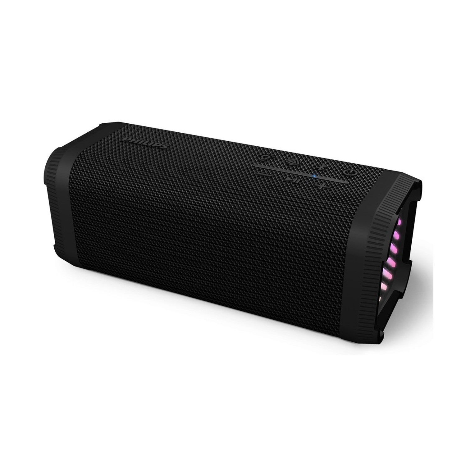 Czarny, prostokątny głośnik Philips. Ma siatkową teksturę z przodu i na górze, z przyciskami sterowania. Końce mają wyświetlacz świetlny.