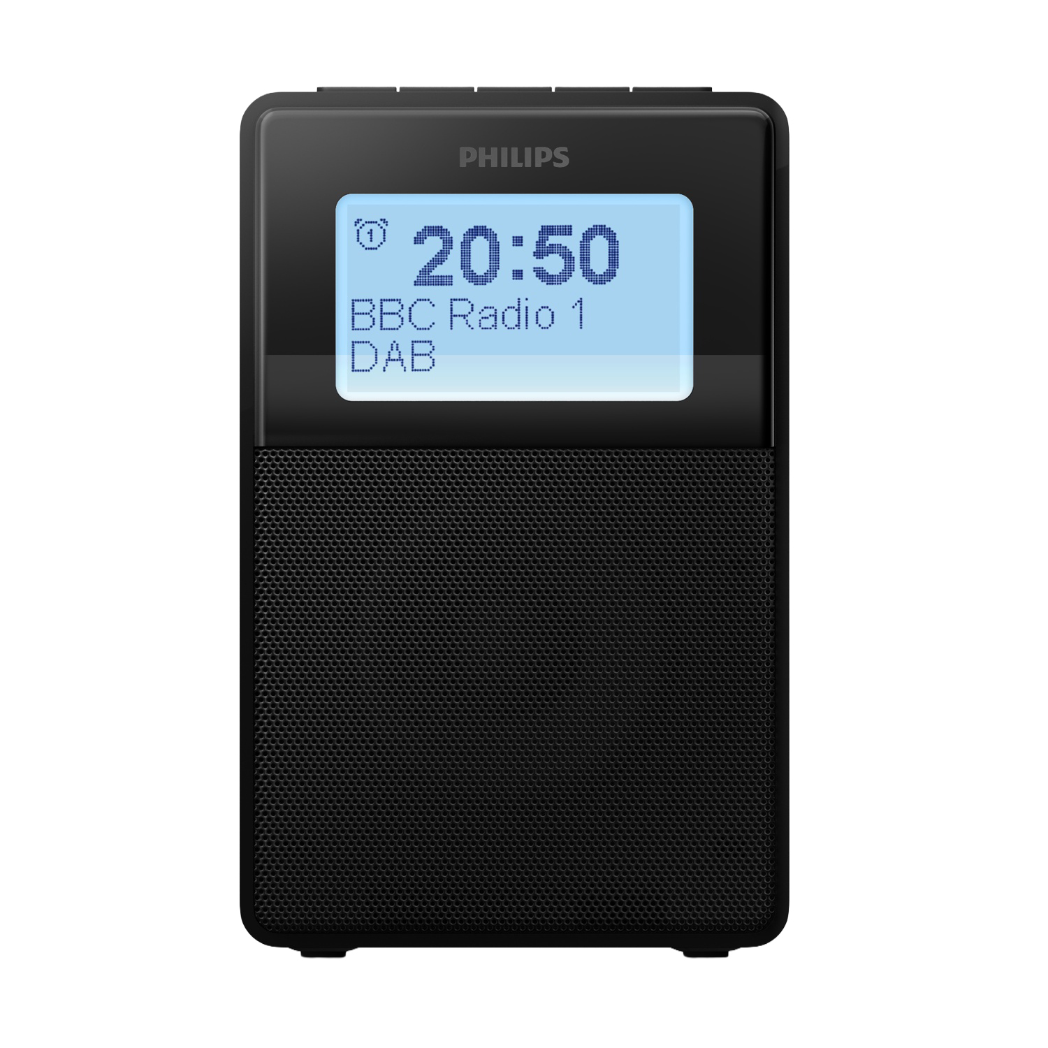 Ein schwarzes Philips DAB-Radio. Der Bildschirm zeigt die Zeit 20:50 und BBC Radio 1. Der untere Teil hat ein Lautsprechergitter.