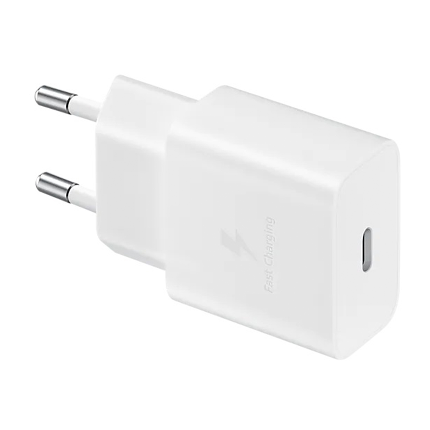 Biały adapter szybkiego ładowania Samsung. Ma dwa metalowe bolce, port USB-C i symbol błyskawicy z napisem 'Fast Charging'.