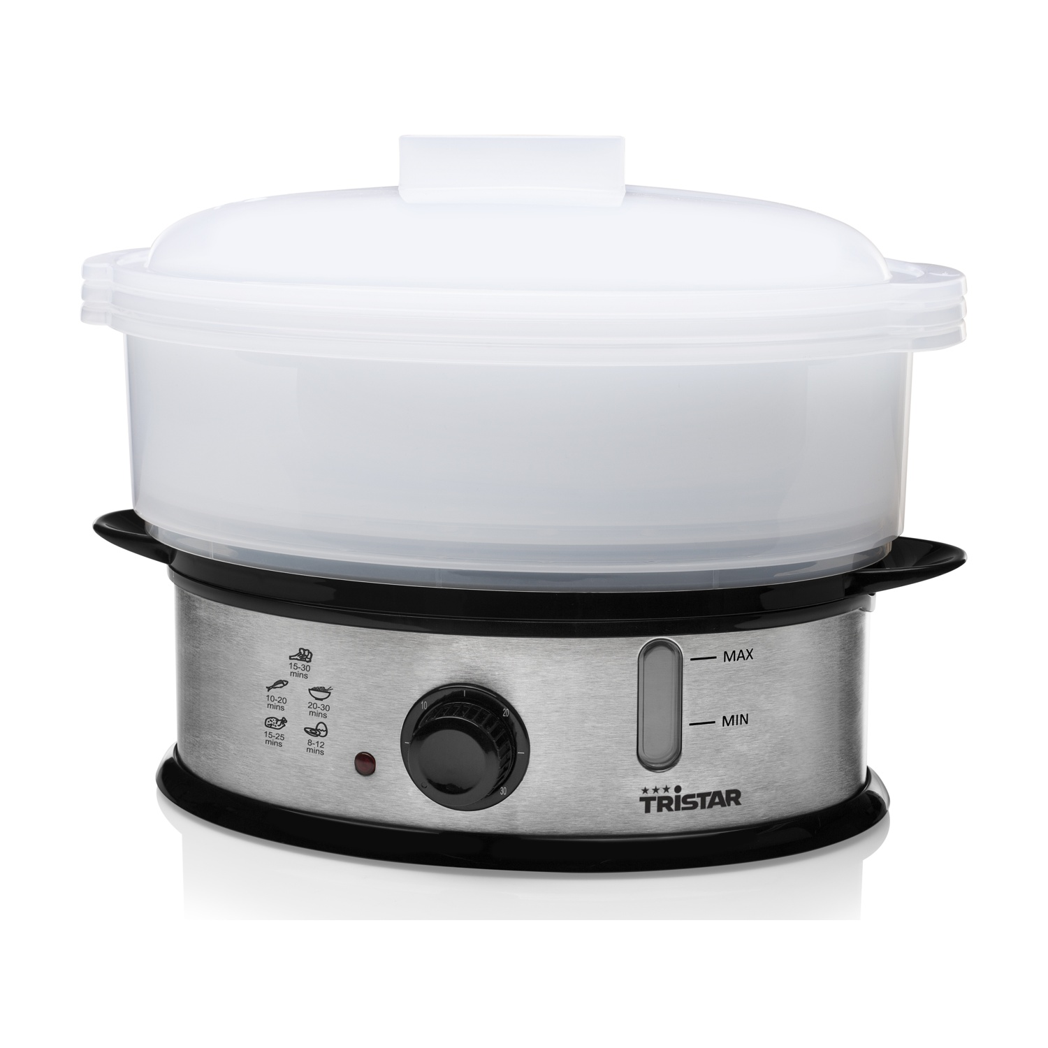 Una vaporera Tristar con tapa transparente y base plateada. Tiene un mando de temporizador, indicador de nivel de agua y una base negra.
