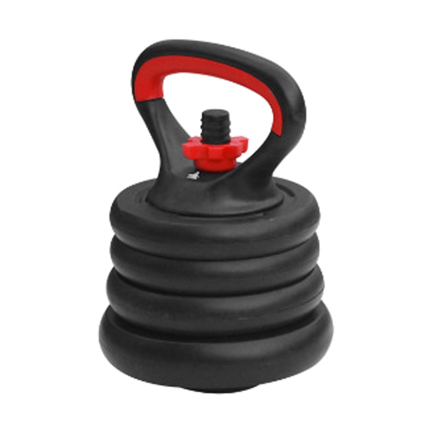 Kettlebell regolabile nero e rosso. Ha un corpo nero, una maniglia rossa e una maniglia nera. È su sfondo bianco.