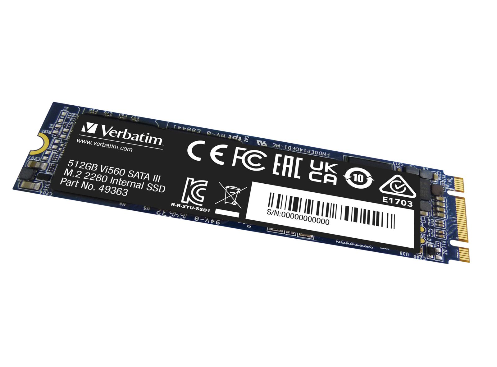 Un SSD interne Verbatim 512 Go Vi560 SATA III M.2 2280 sur fond blanc. Il possède diverses certifications et un code-barres.