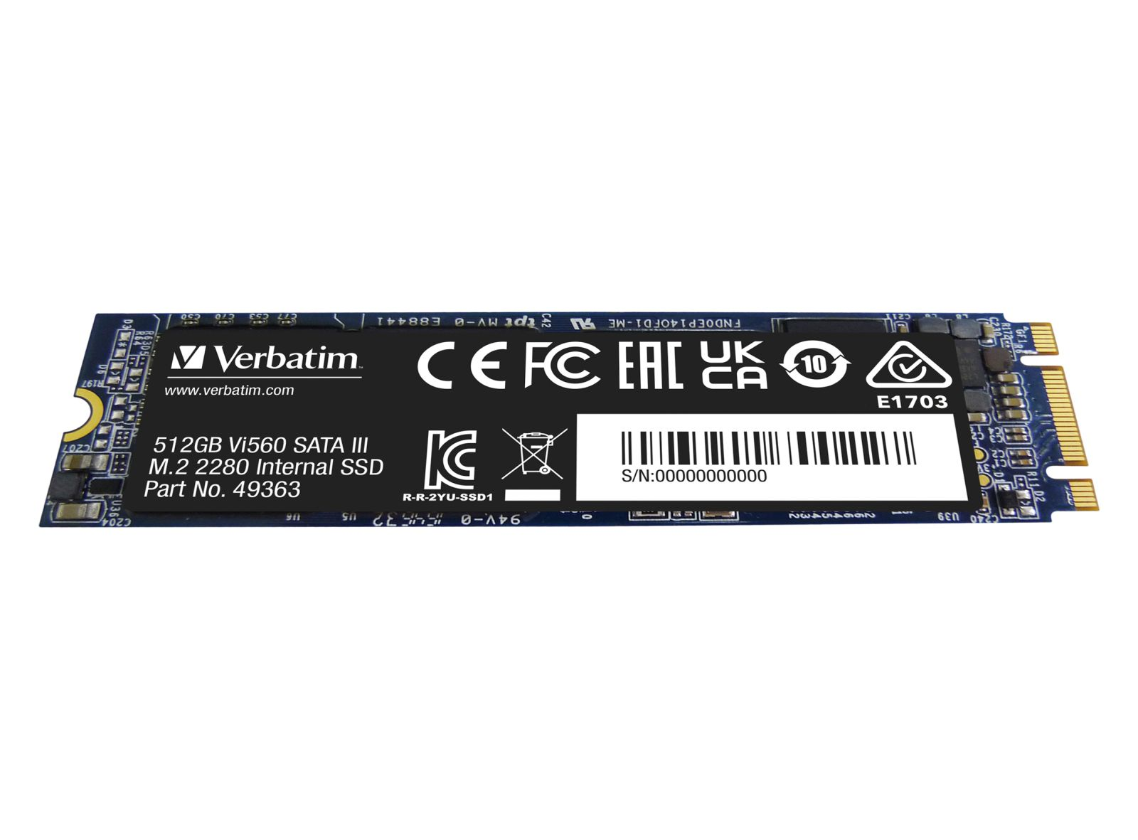 Un SSD Verbatim 512 Go. Il a une étiquette noire avec du texte blanc et diverses certifications. Le SSD a des connecteurs dorés.