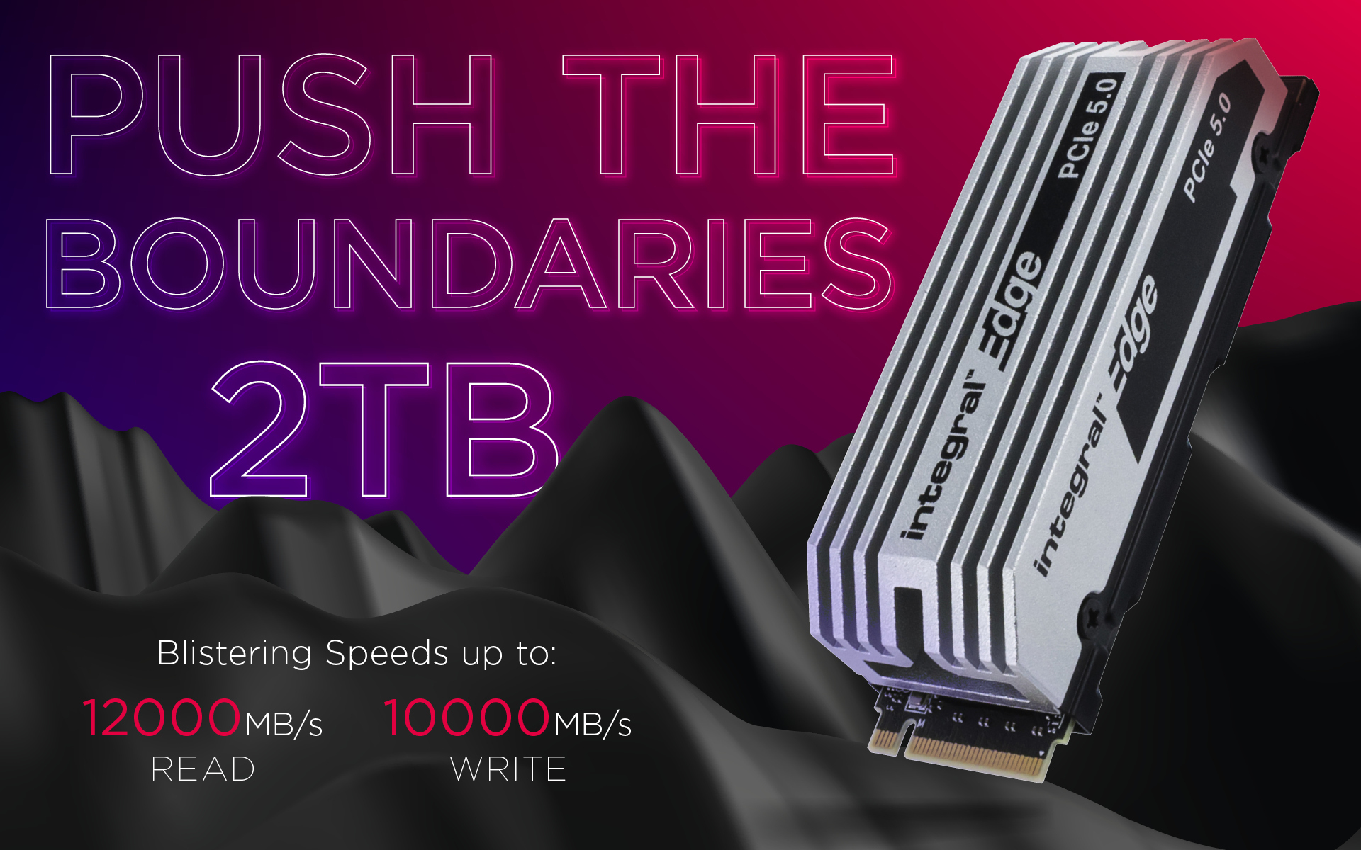 Obraz przedstawia srebrny dysk SSD PCIe 5.0 z marką 'integral Edge' i tekstem 'PUSH THE BOUNDARIES 2TB.' Prędkość do 12000 MB/s.