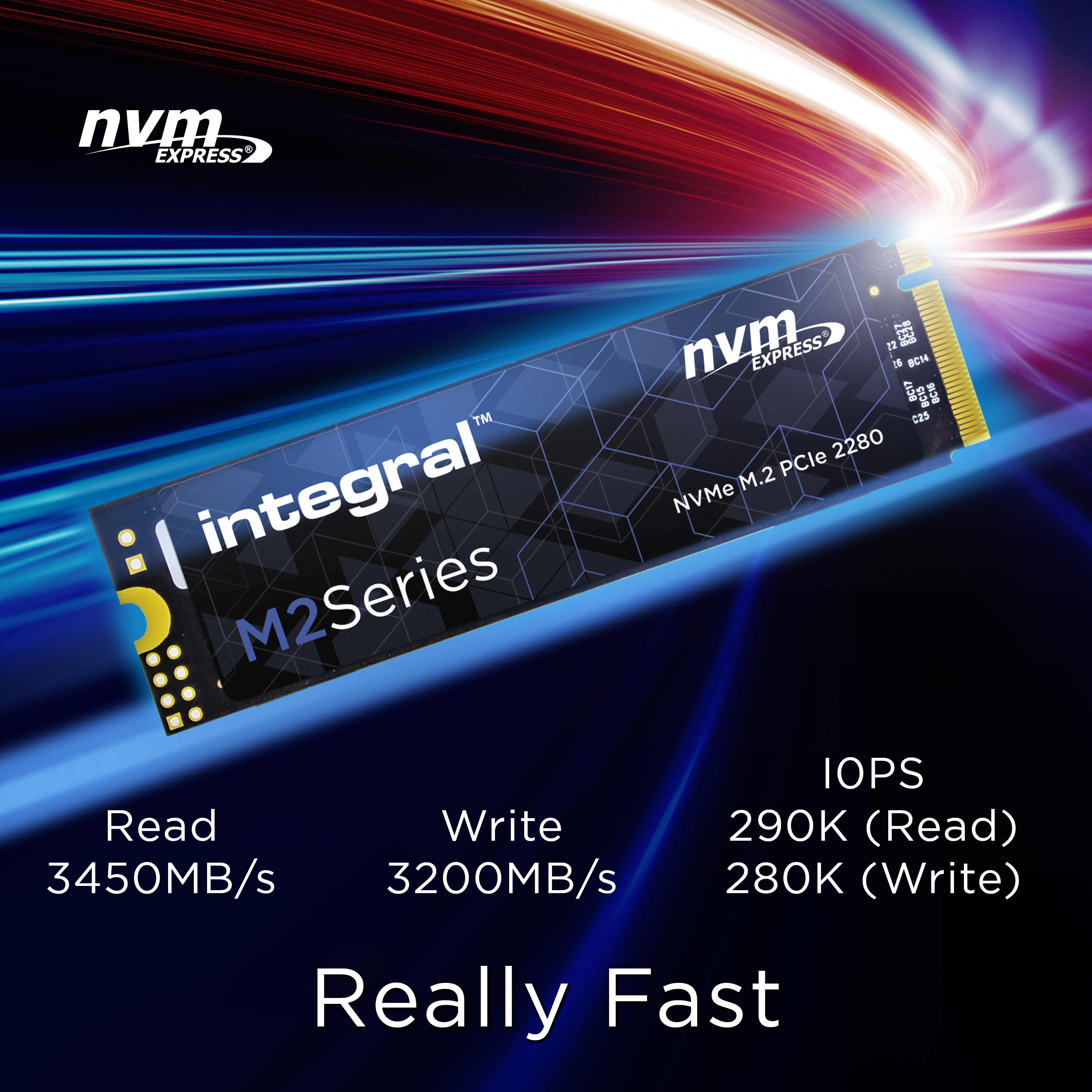 Dysk NVMe M.2 PCIe 2280. Ma niebiesko-czarną konstrukcję, ze szczegółami dotyczącymi prędkości i słowami Really Fast.