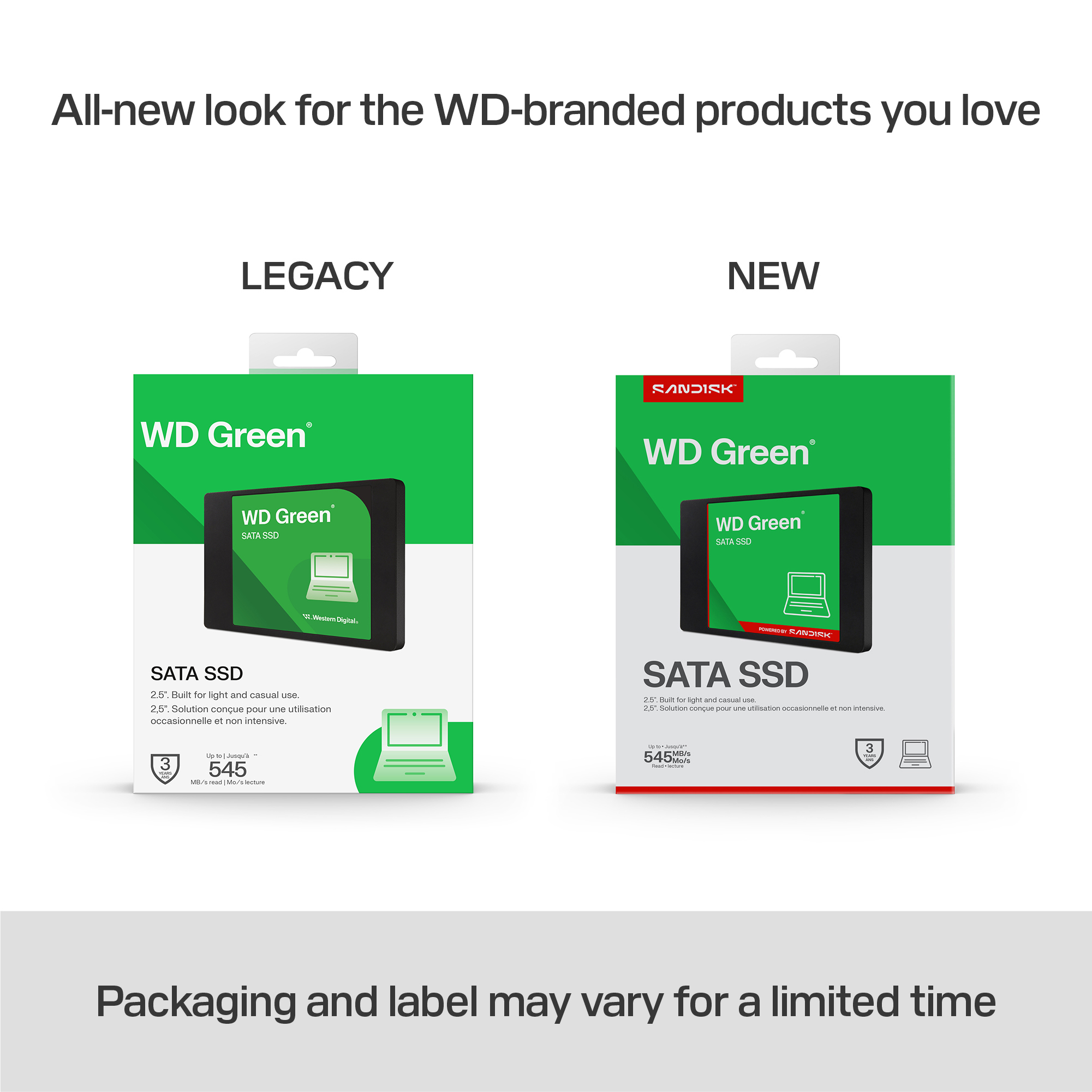 Obrazek pokazuje dwa pudełka SSD SATA WD Green. Jedno z napisem 'Legacy', drugie 'New'. Oba pokazują produkt.