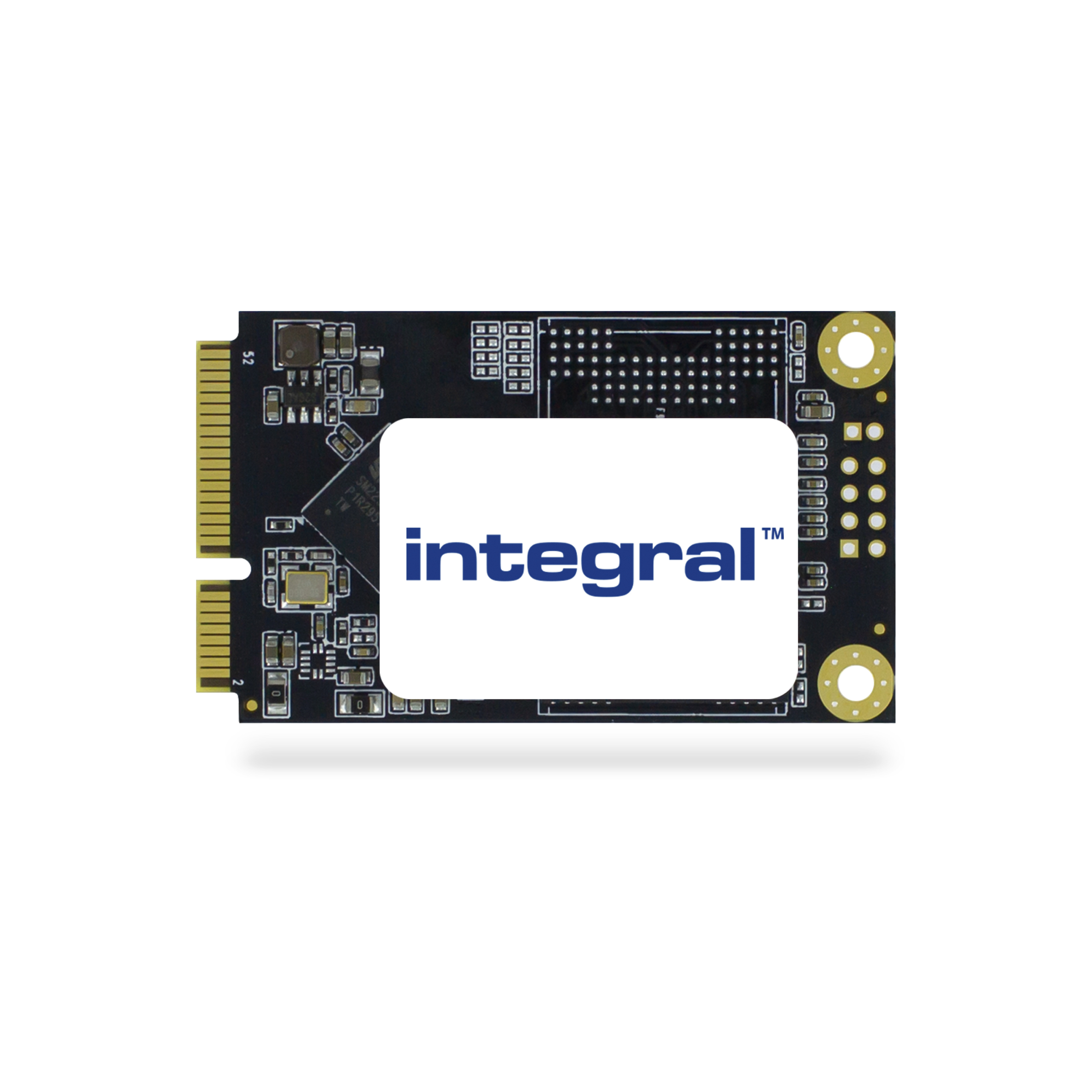 A black circuit board with gold connectors and the word integral on a white rectangle.