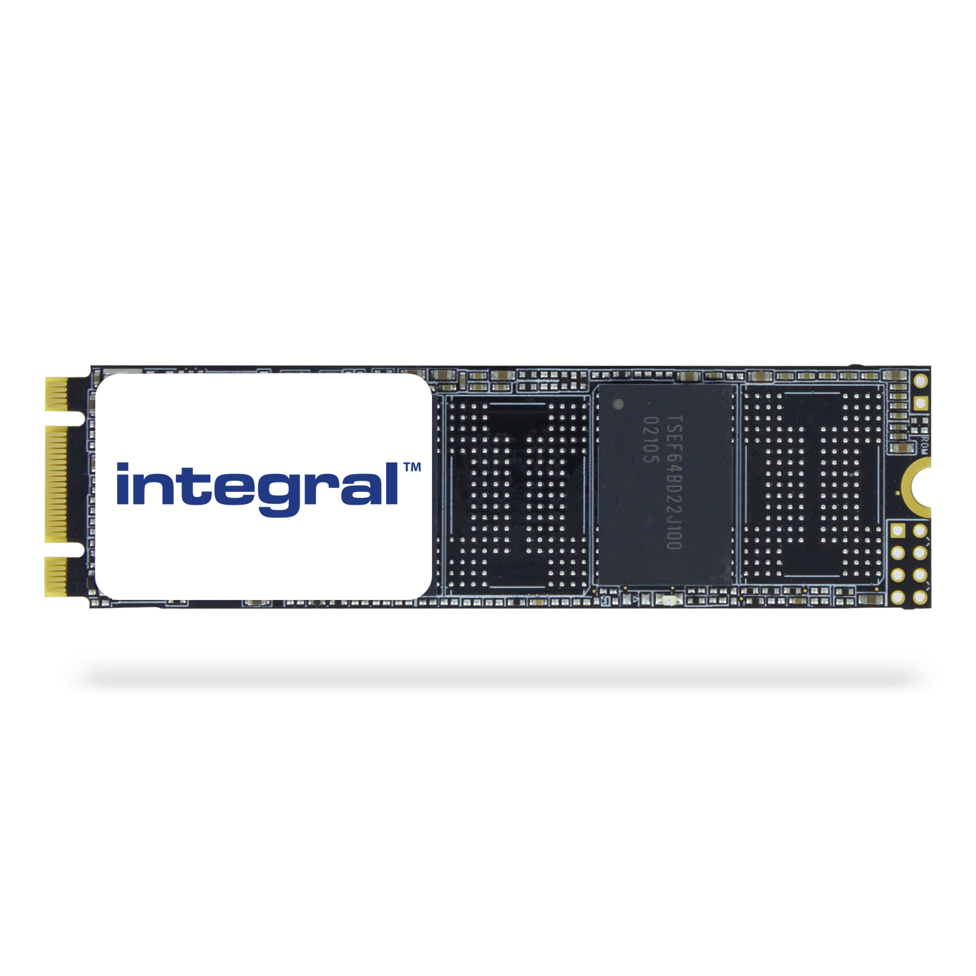 Komponent komputera, dysk SSD M.2, z logo 'integral' na białym tle.