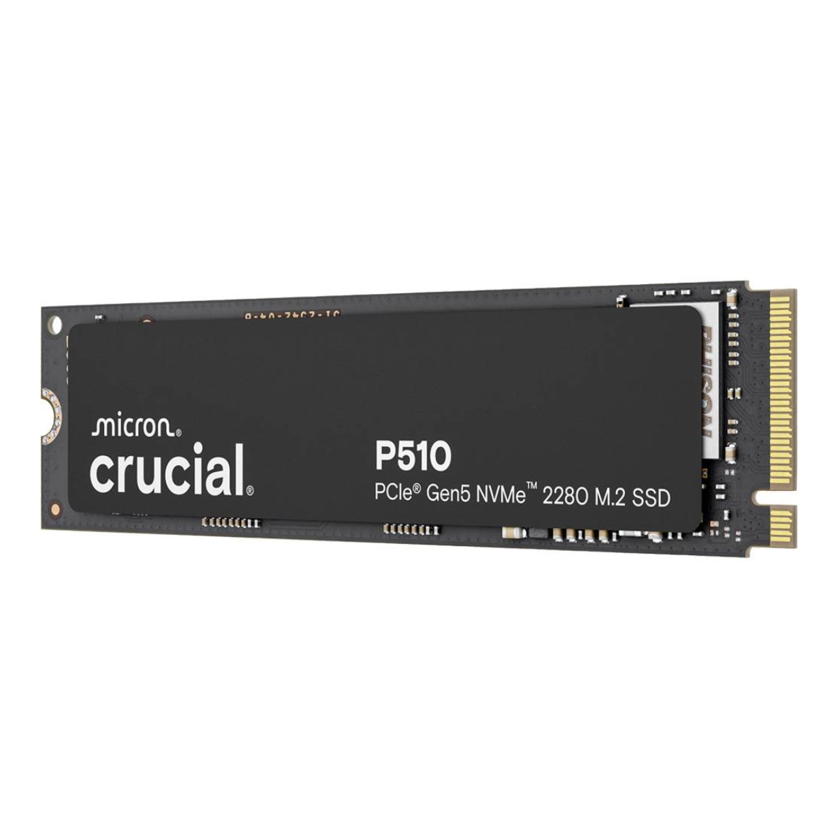 Crucial P510 PCIe Gen5 NVMe 2280 M.2 SSD. Czarna i złota płytka drukowana z logo Crucial i Micron.