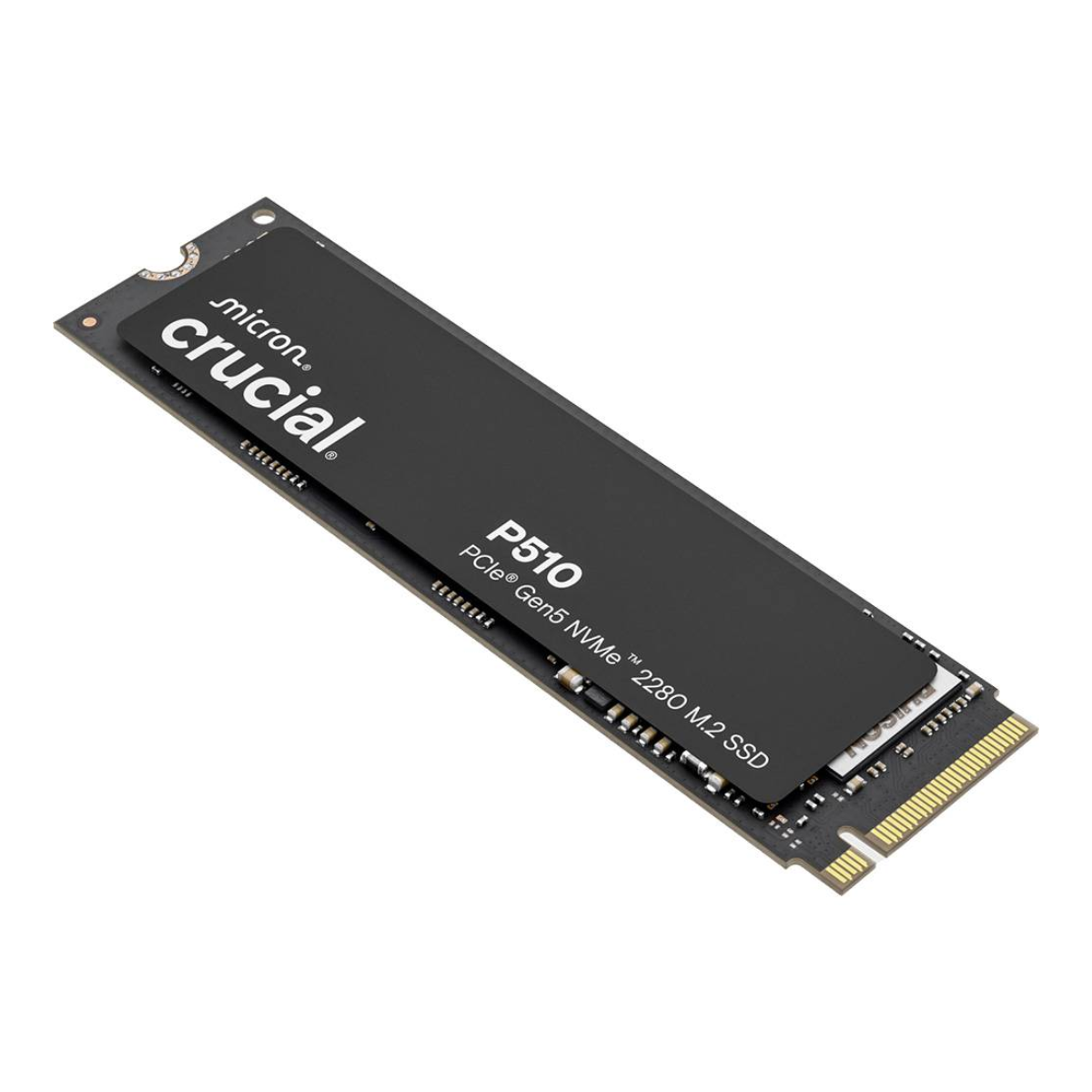 Crucial P510 PCIe Gen5 NVMe 2280 M.2 SSD na białym tle. Dysk SSD jest czarny z białym brandingiem, w tym logo Micron i Crucial.
