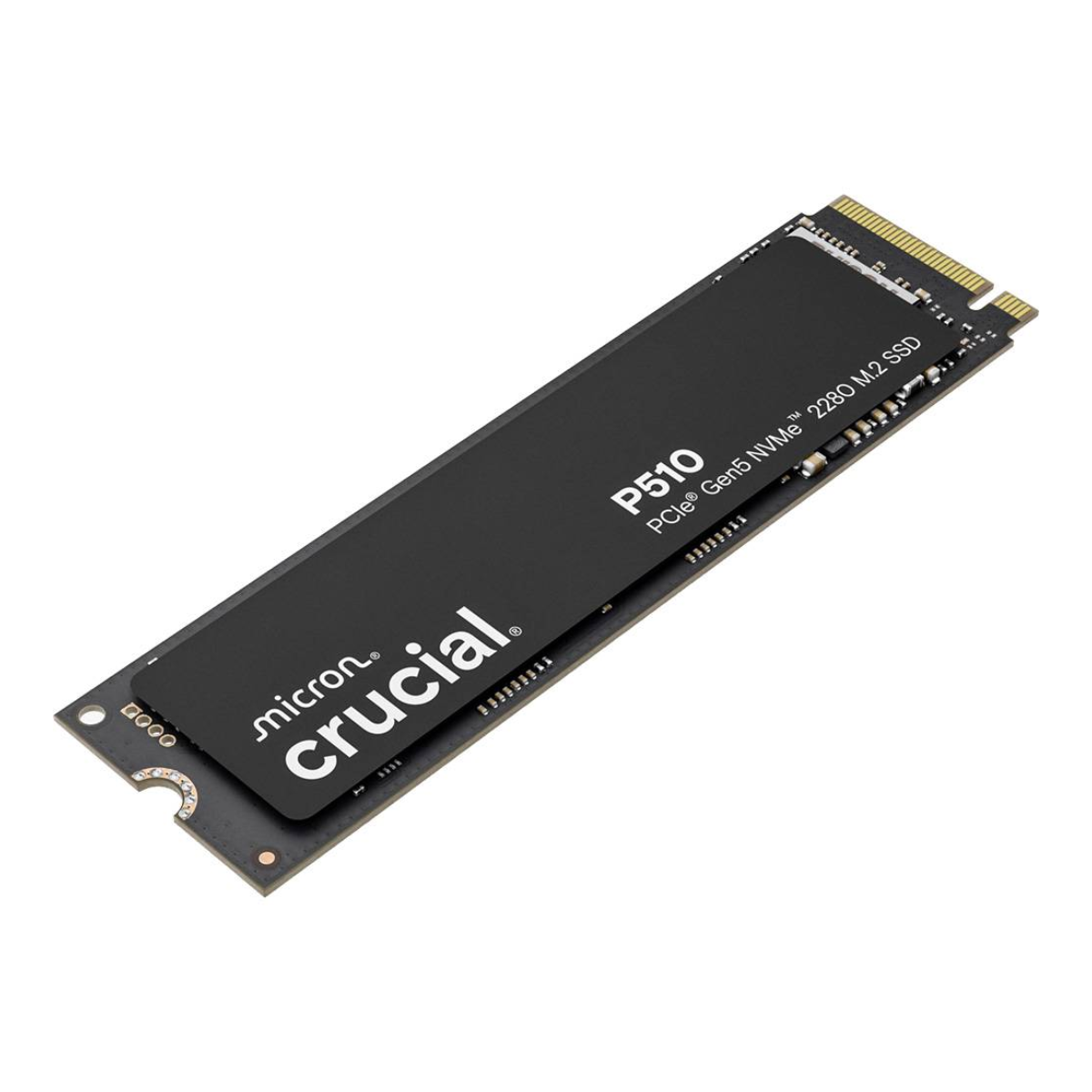 Czarny dysk SSD Crucial P510 Gen5 NVMe 2280 M.2. Dysk jest prostokątny, ze złotymi złączami i logo Crucial.