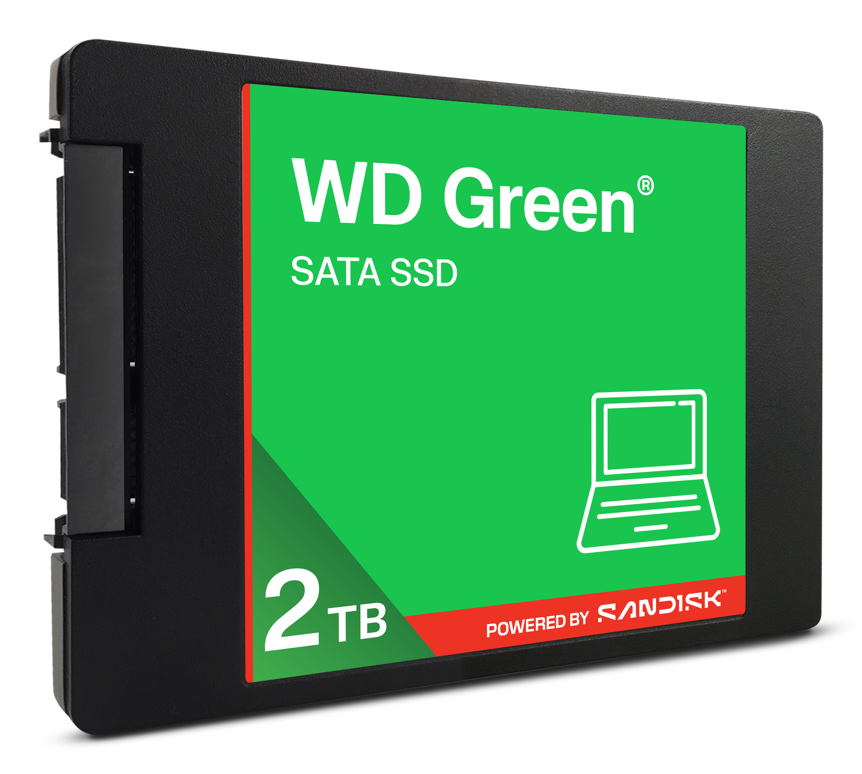 Czarny dysk SSD SATA WD Green 2 TB. Ma zieloną etykietę z białym tekstem i ikoną laptopa. Marka to Sandisk.