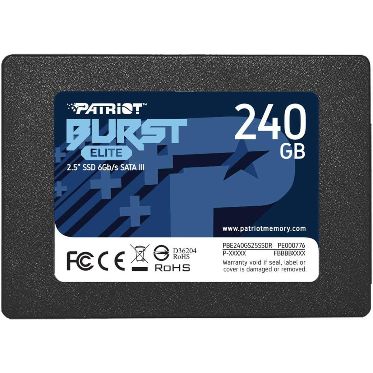 Dysk SSD z etykietą Patriot Burst Elite, pojemność 240 GB. Dysk jest czarny z niebiesko-białą naklejką.