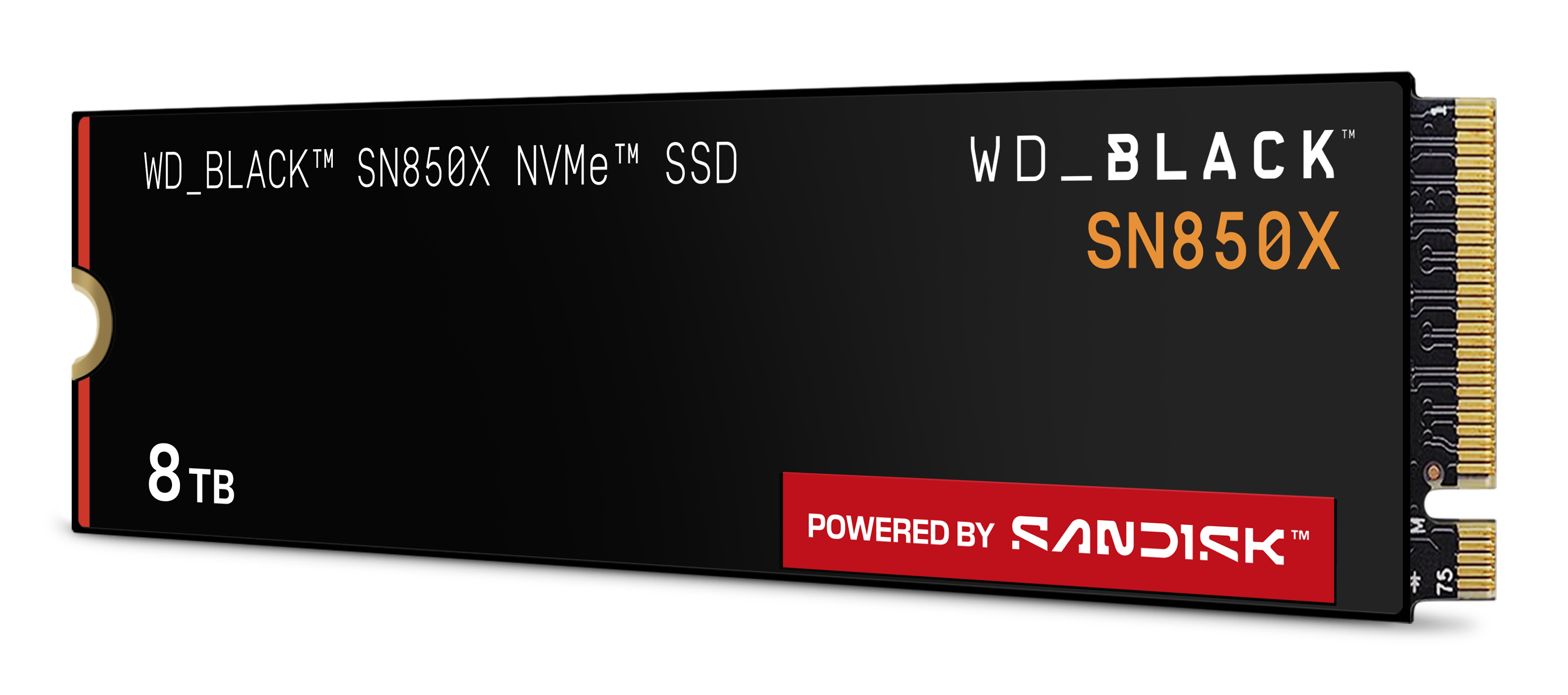 Czarny dysk SSD WD_BLACK SN850X NVMe o pojemności 8 TB. Posiada złote złącza, biały i pomarańczowy tekst oraz czerwone logo Sandisk.
