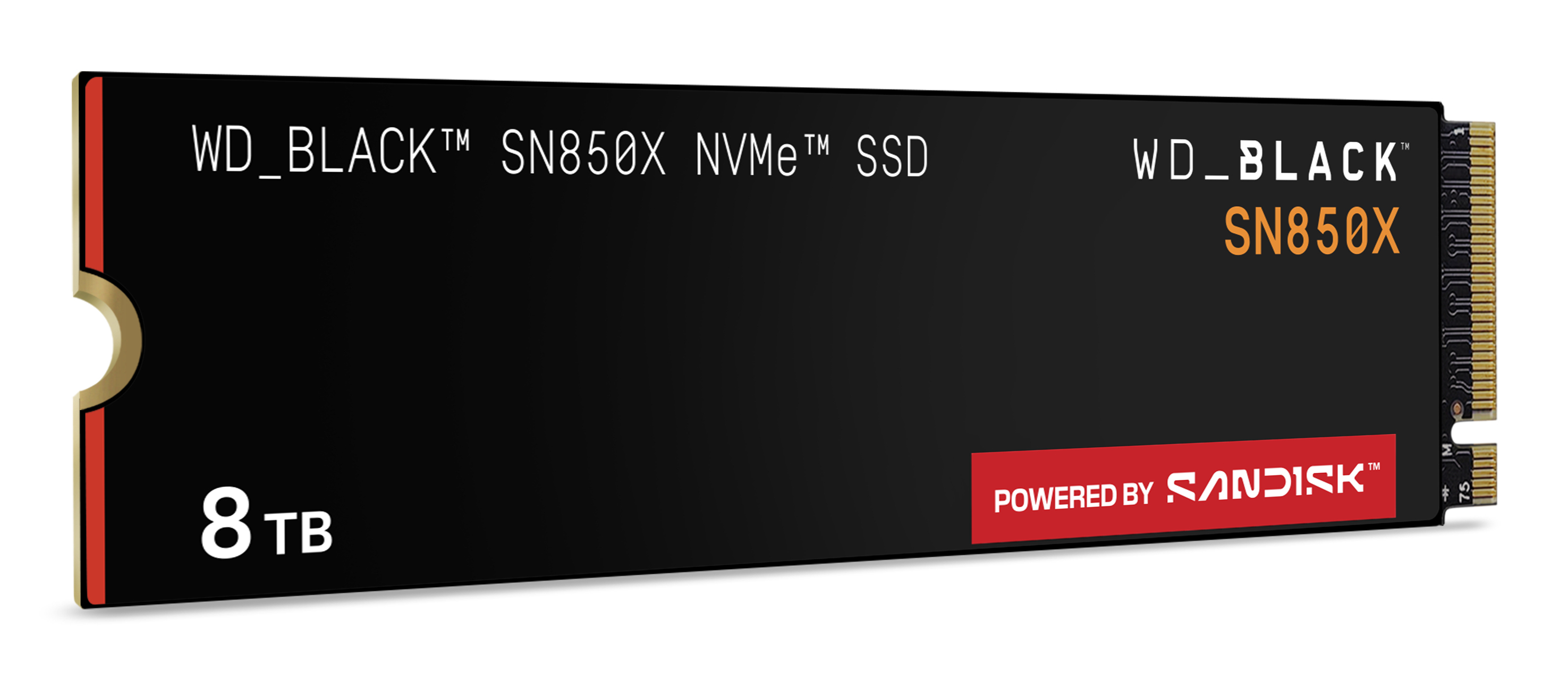 Czarny dysk SSD NVMe WD_BLACK SN850X o pojemności 8 TB. Posiada czerwone akcenty i jest zasilany przez SanDisk.