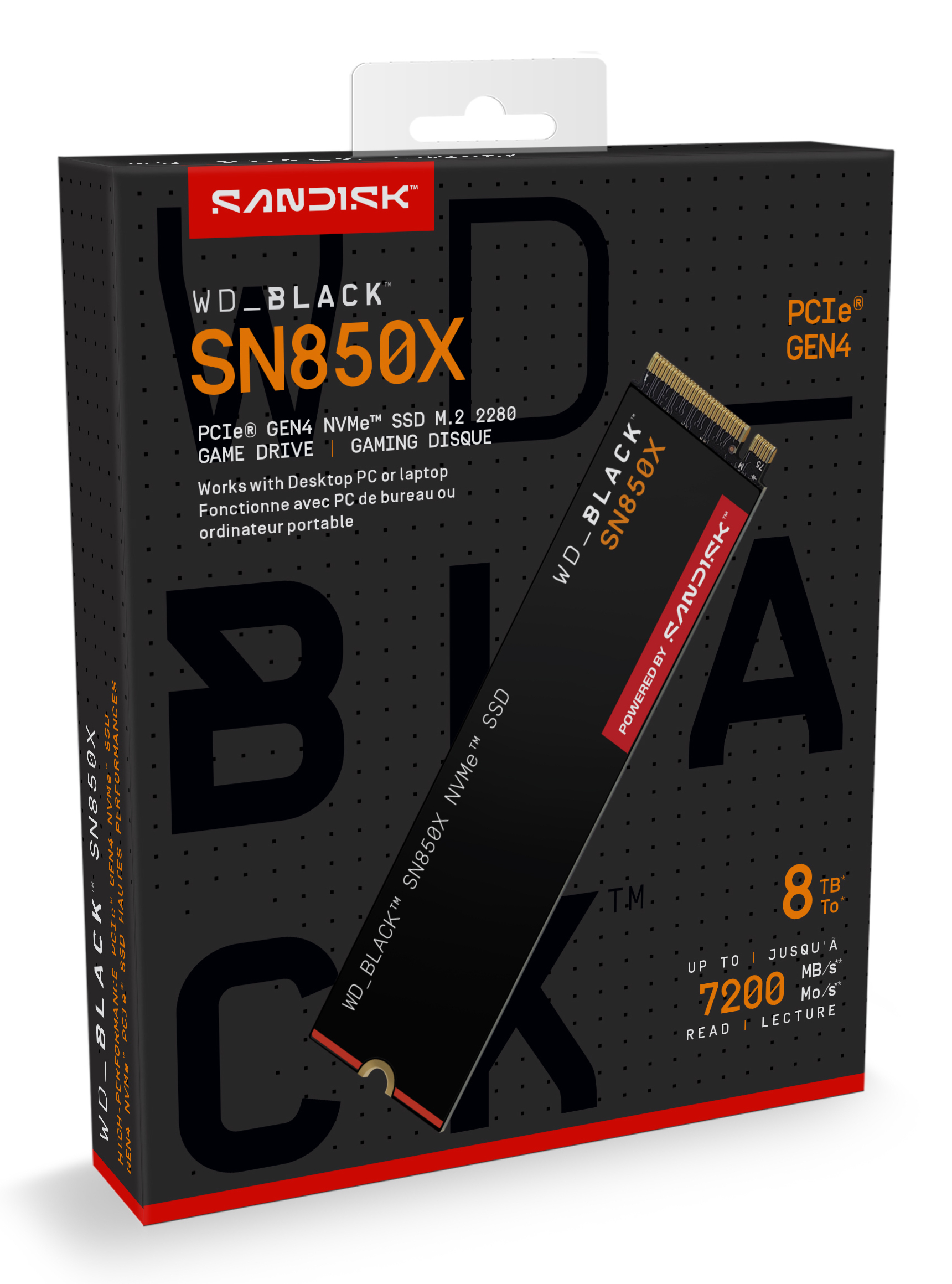 Pudełko w czarno-pomarańczowym designie z marką SANDISK i WD_BLACK SN850X.
