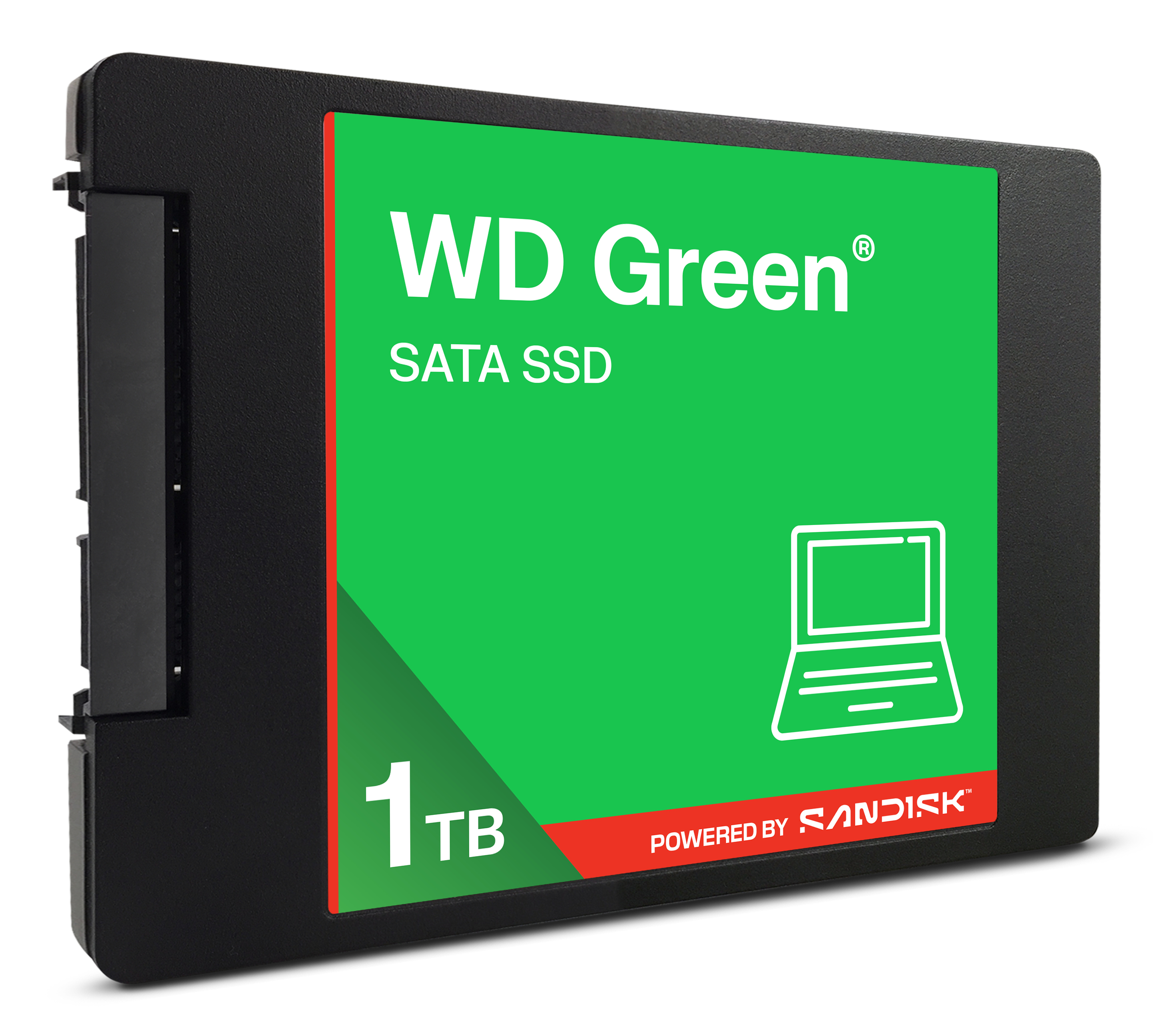 Czarny dysk SSD SATA WD Green z zieloną etykietą. Biały tekst: WD Green, SATA SSD, 1 TB. Powered by Sandisk.