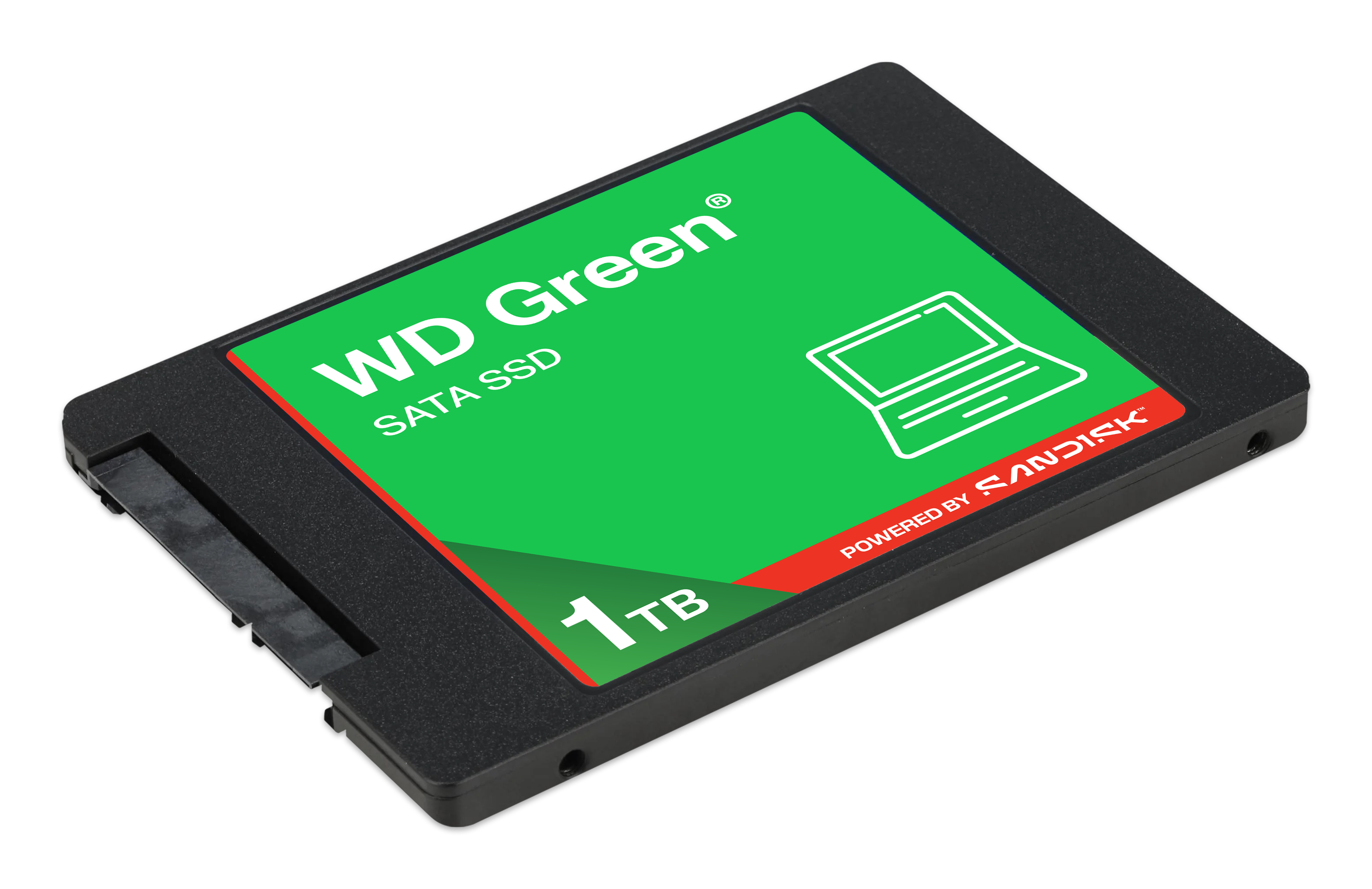 Dysk SSD WD Green. Czarny dysk SSD z zieloną etykietą, ikoną laptopa i 1 TB. Zasilany przez SanDisk.