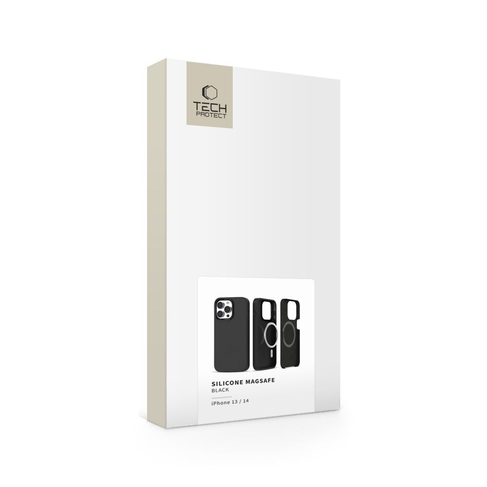 Eine weiße Schachtel mit einem schwarzen Handyhüllen-Design. Die Schachtel hat ein Logo und Text. Die Hülle ist aus Silikon, MagSafe und für iPhone 13/14.