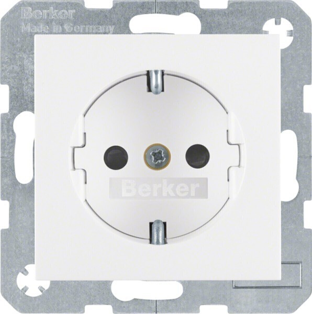 Una presa elettrica bianca con apertura circolare, due punti neri e una vite centrale, incastonata in un telaio metallico.