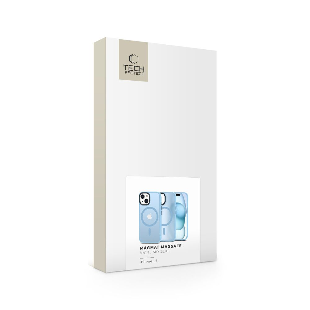 Eine weiße Schachtel mit einer Handyhüllen-Illustration. Die Hülle ist himmelblau, mit der Aufschrift Magmat Magsafe, Matt Sky Blue für iPhone 15.