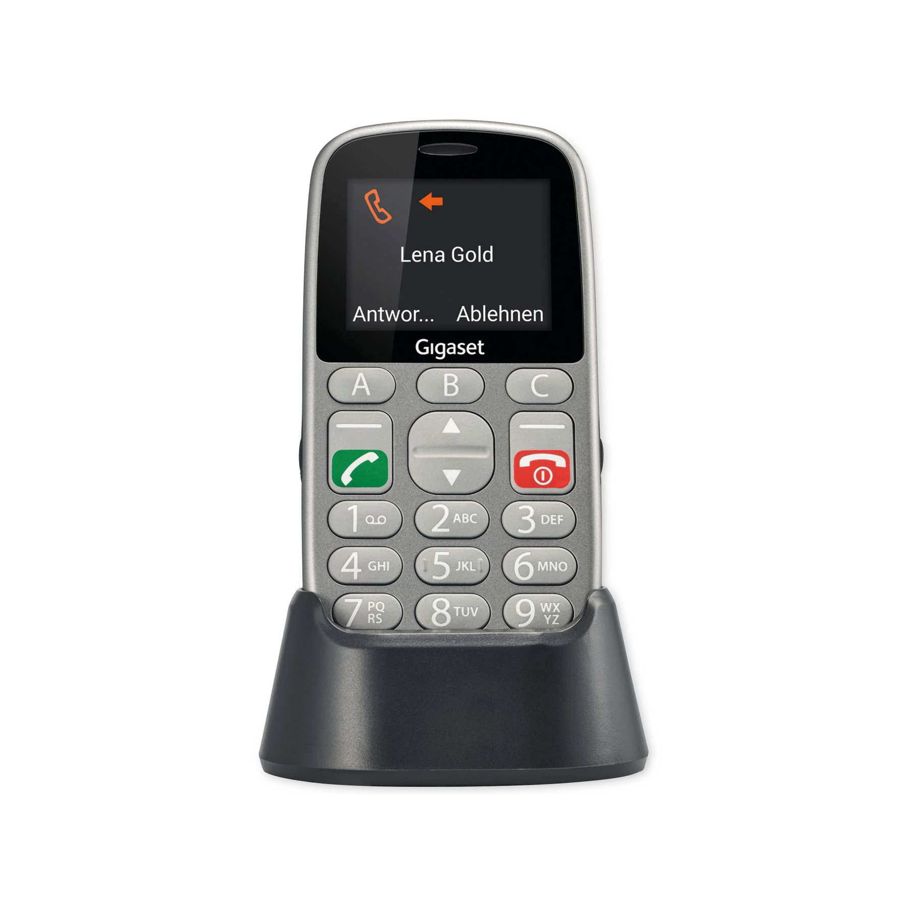 Un telefono Gigaset argentato è in una base di ricarica nera. Lo schermo mostra una chiamata in arrivo da 'Lena Gold'. Pulsanti visibili.