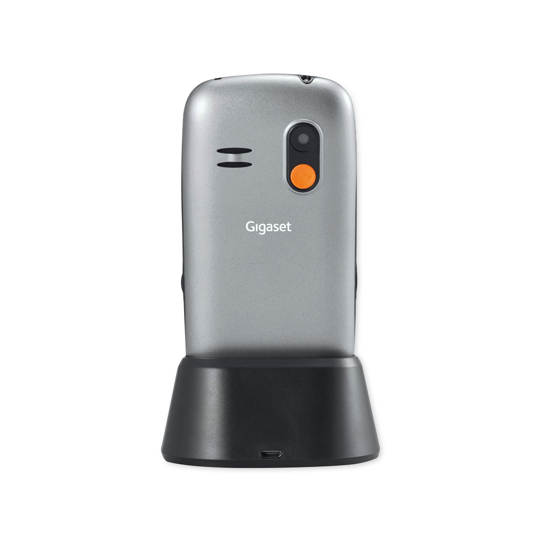 Un telefono Gigaset argentato sulla sua base di ricarica nera. Ha un pulsante SOS arancione e due linee orizzontali.