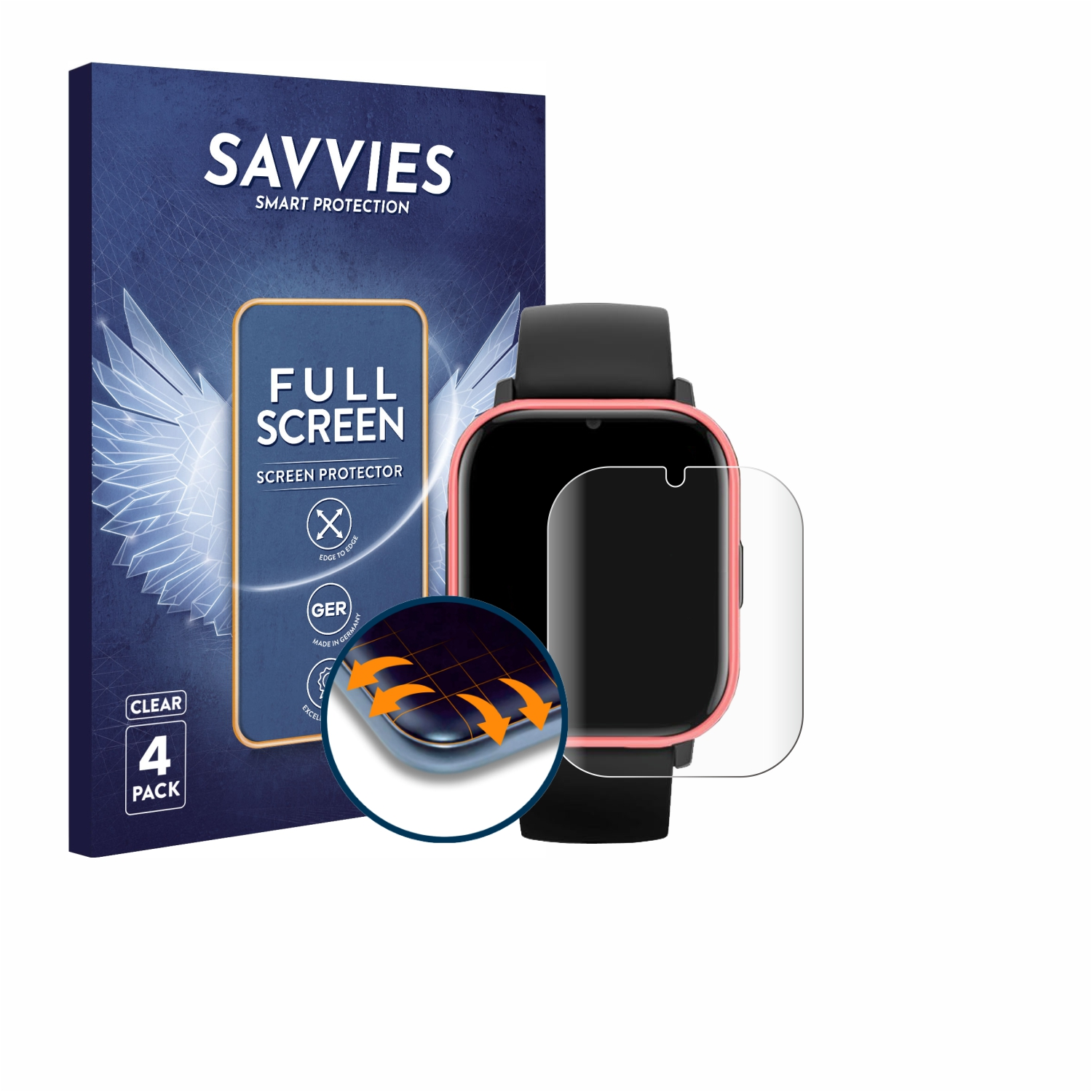 Eine Smartwatch mit Displayschutzfolie und eine Schachtel mit der Marke SAVVIES und den Worten "FULL SCREEN SCREEN PROTECTOR".