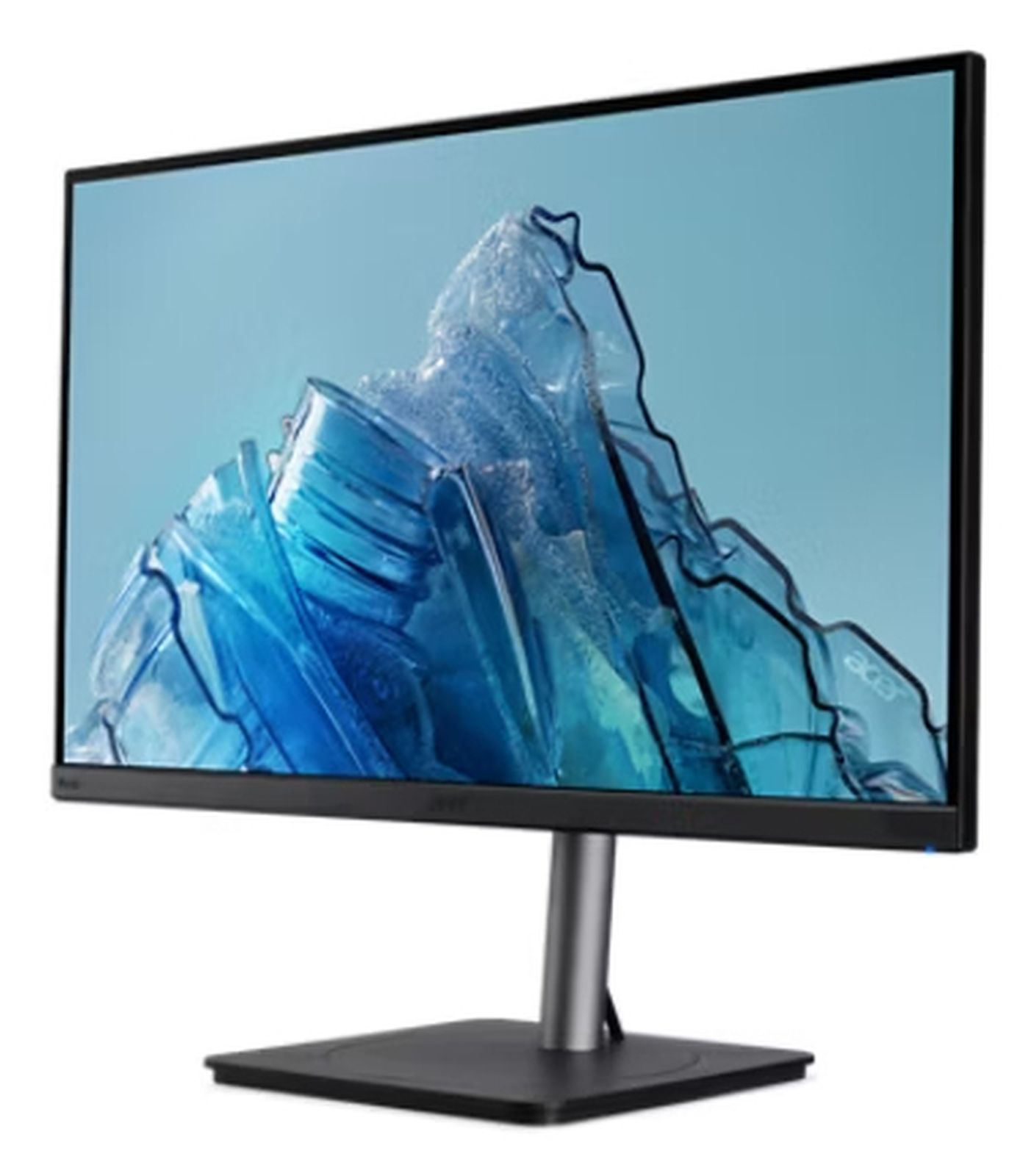 Monitor Acer z czarną ramką. Ekran wyświetla niebieską sztukę abstrakcyjną. Monitor stoi na czarnej podstawie.