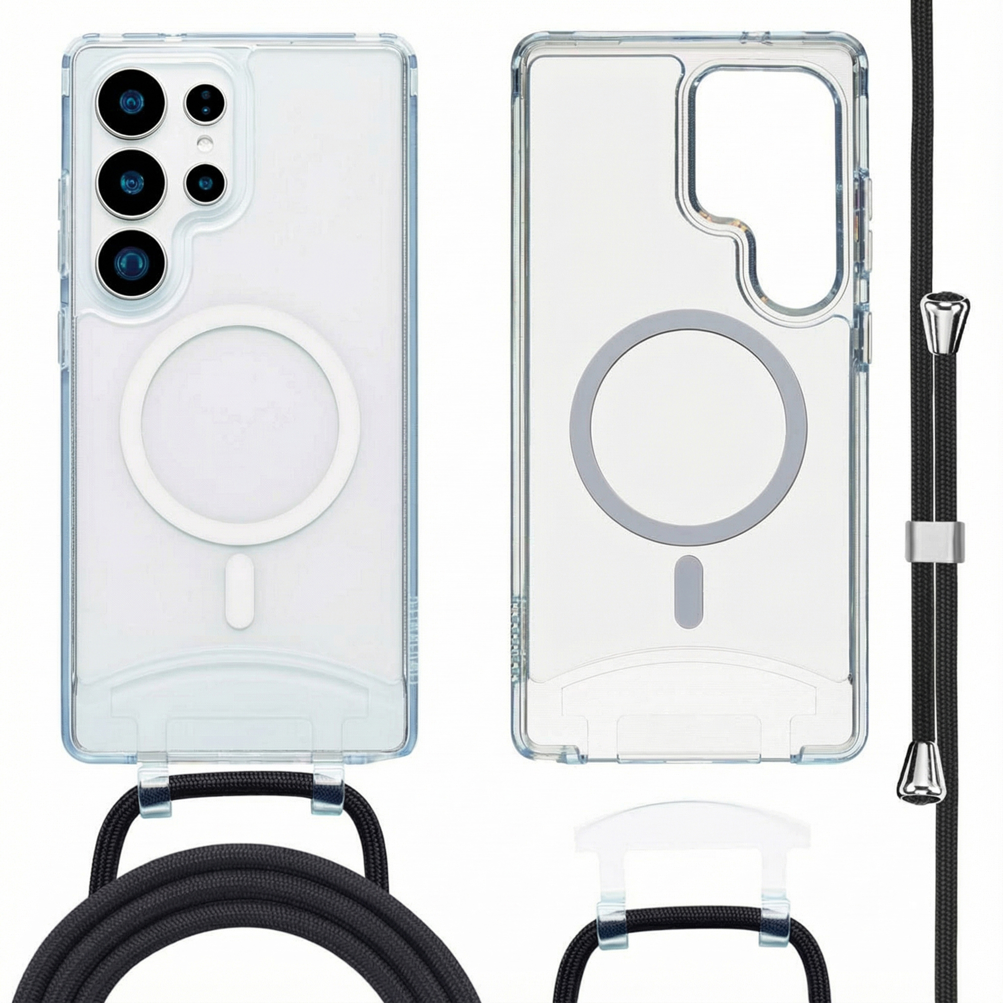 Coques de téléphone transparentes avec cordons noirs, une avec téléphone. Les coques ont des anneaux blancs et sont sur fond blanc.