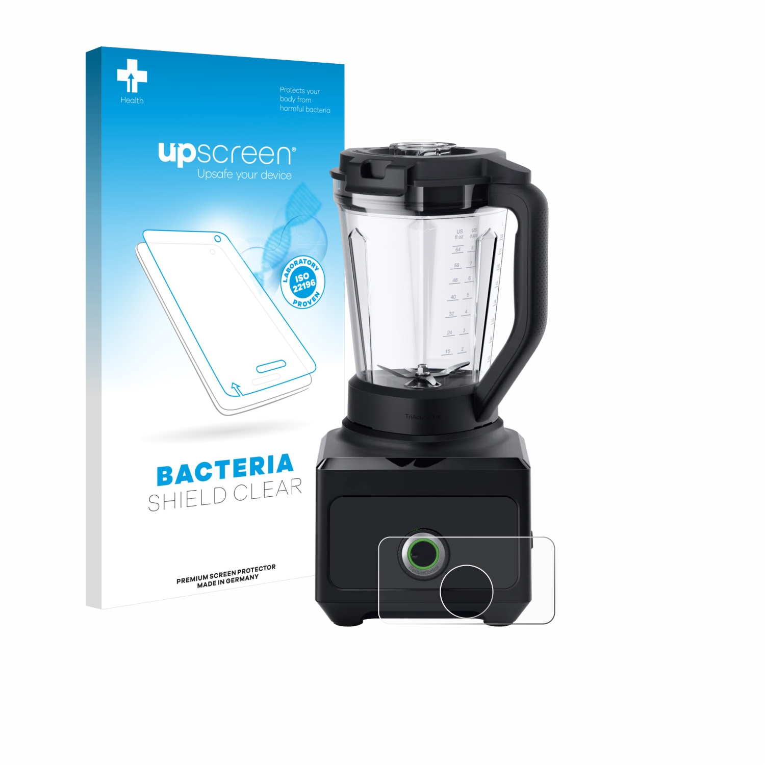 Ein Mixer und eine Displayschutzfolie werden angezeigt. Der Schutz befindet sich vor dem Mixer. Auf der Box steht Bacteria Shield Clear.