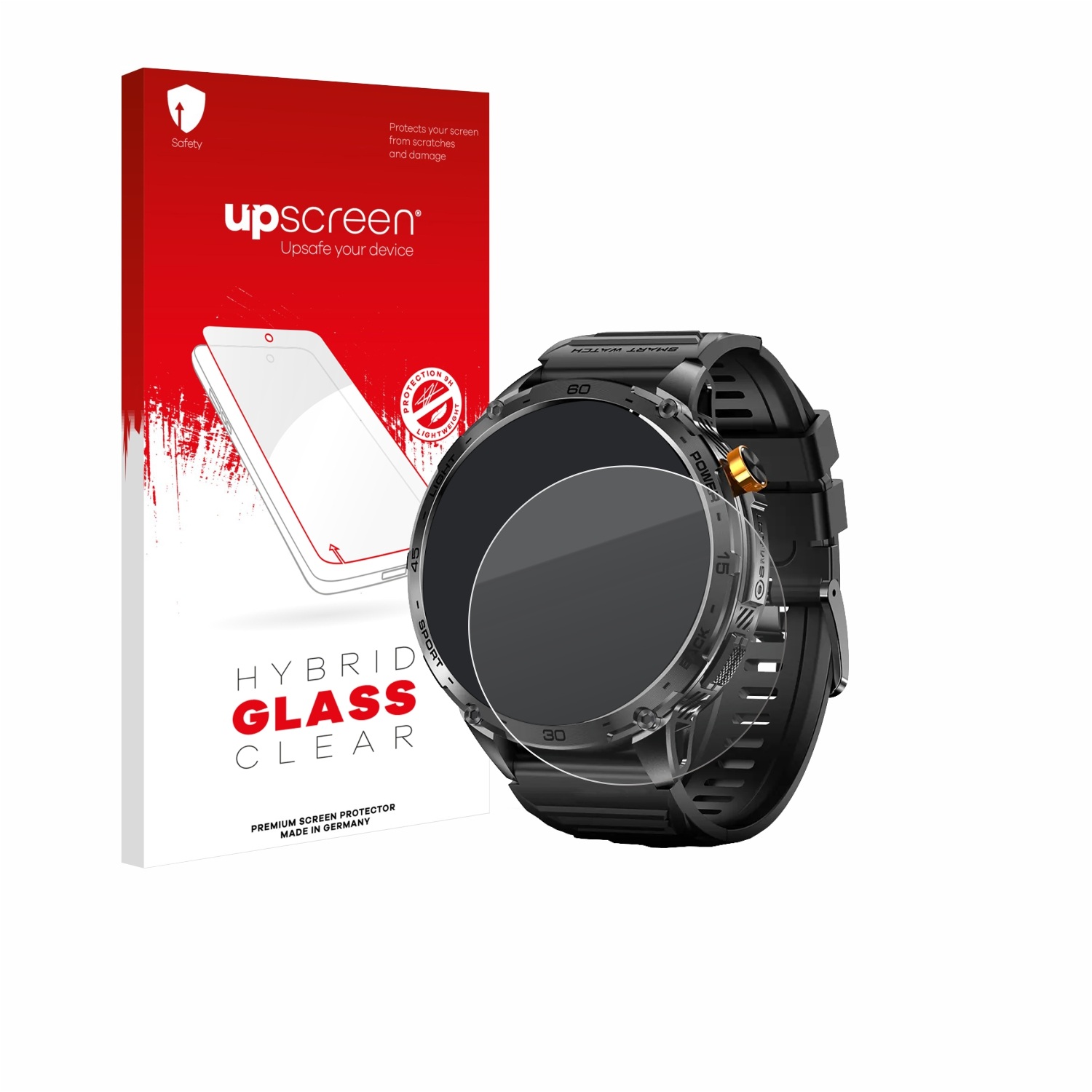 Eine Smartwatch mit einer Displayschutzbox. Die Box ist rot und weiß, mit "upscreen" darauf. Die Uhr ist schwarz.