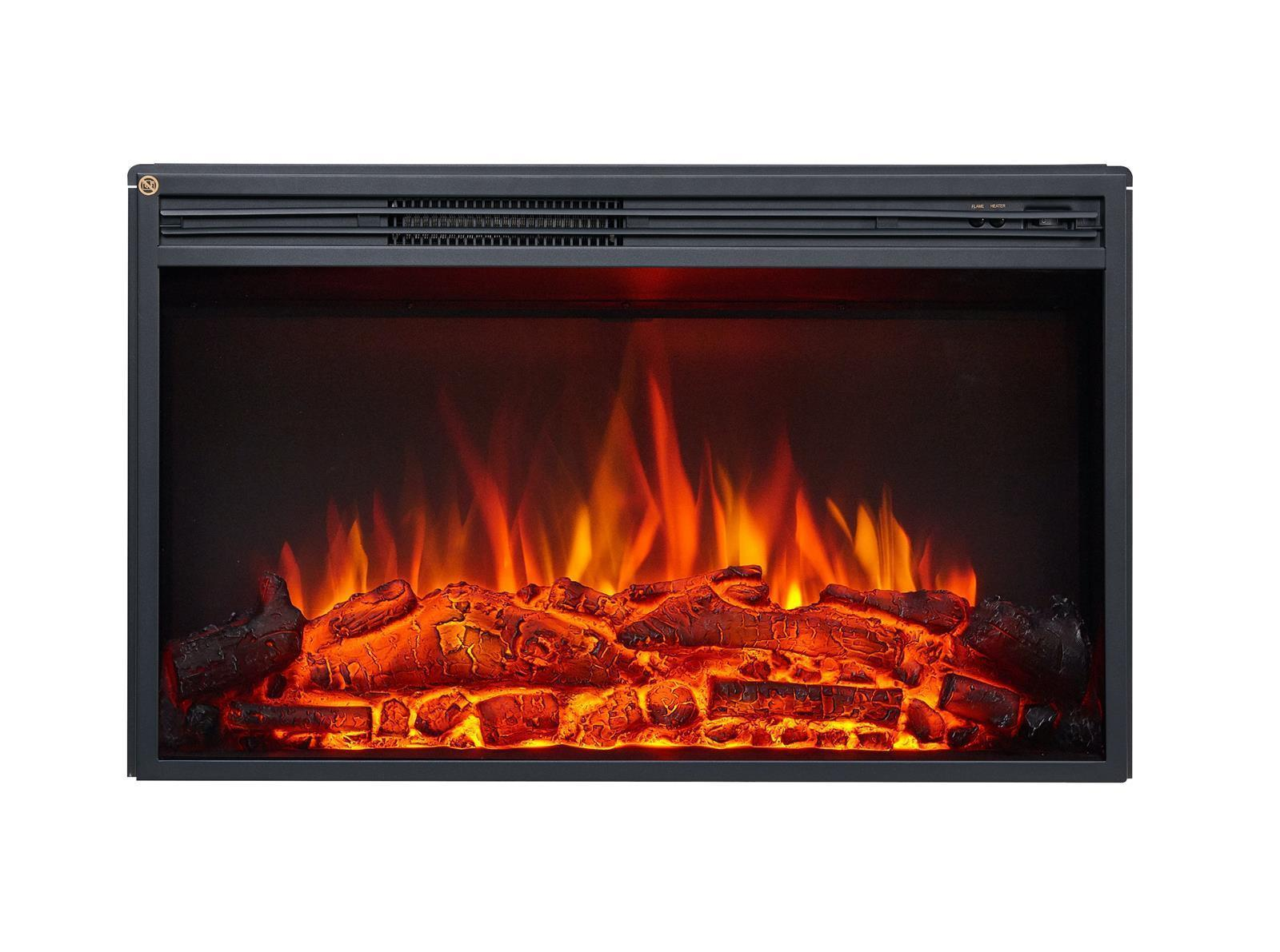 Elektrischer Kamin mit leuchtend orangen Flammen und rotbraunen Holzscheiten. Schwarzer Rahmen umgibt das Feuer.